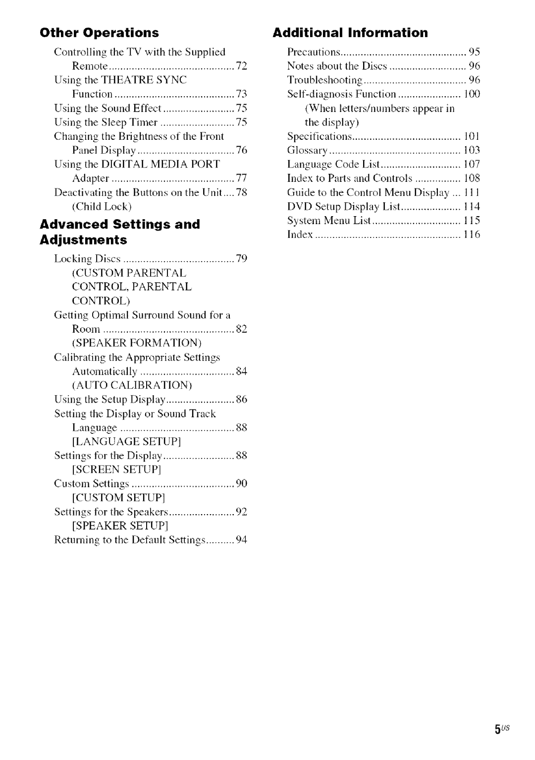 Sony DA V-HDX5OO operating instructions Other Operations, Advanced Settings Adjustments, Additional Information 