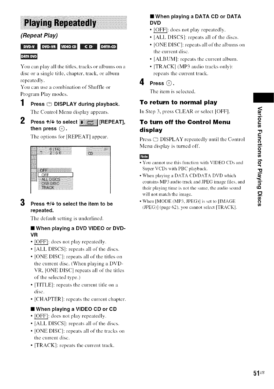 Sony DA V-HDX5OO operating instructions 51vs, Press @, Item is selected, Repeat 