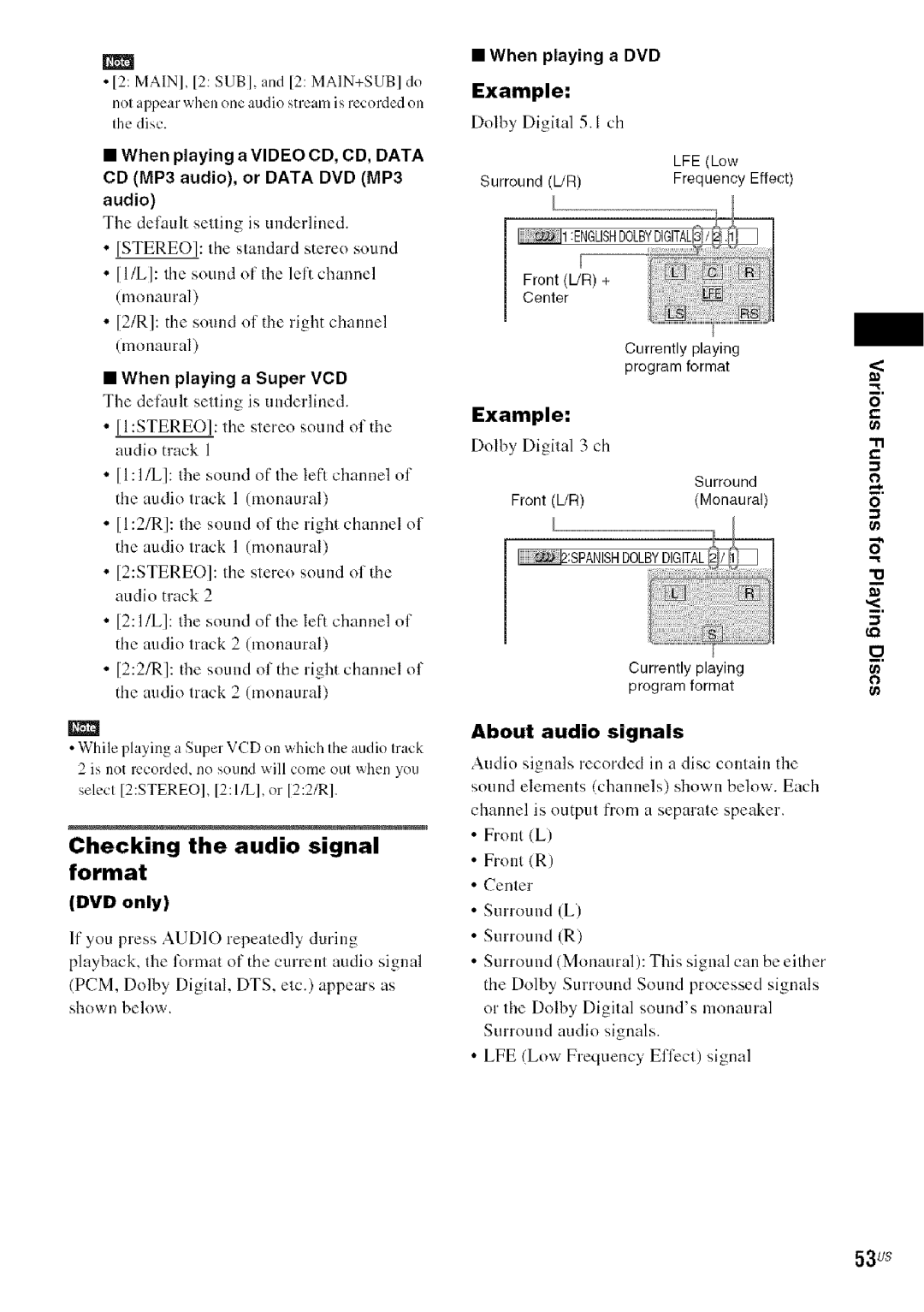 Sony DA V-HDX5OO Checking the audio signal format, PCM, Dolby Digital. DTS. etc. appears as shown below, Example 