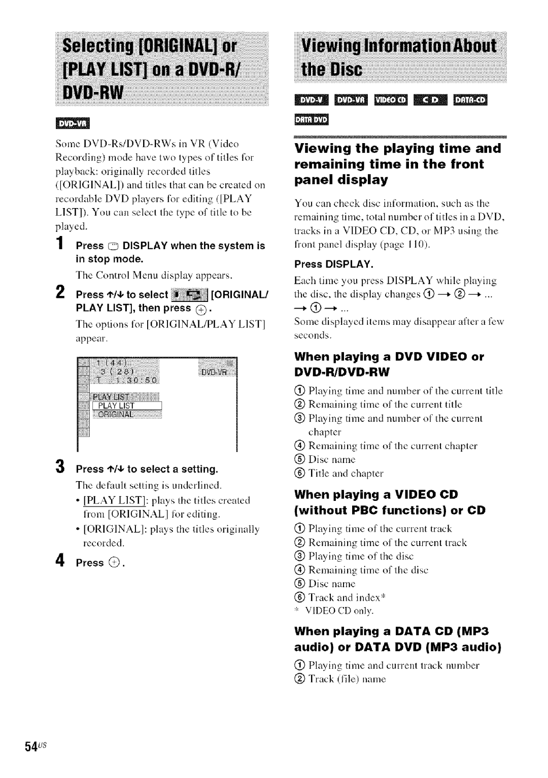 Sony DA V-HDX5OO operating instructions 54us, Press ,I,/4.to, select a setting, Default setting is underlined 