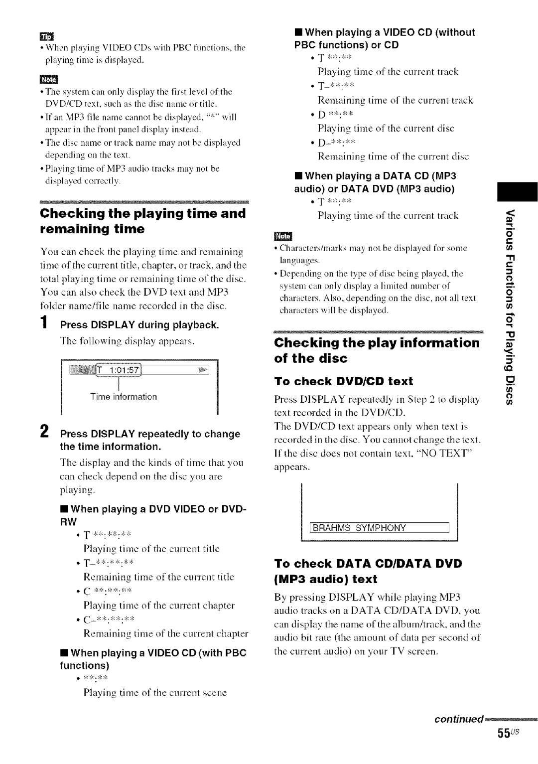 Sony DA V-HDX5OO Checking the playing time and remaining time, Checking the play information of the disc, 55us 