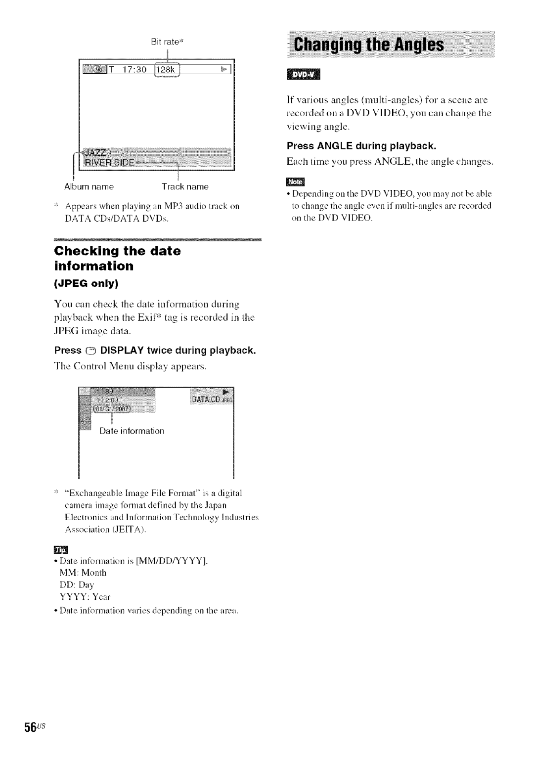 Sony DA V-HDX5OO Checking the date information, Press O Display twice during playback, 56us, Jpeg only 