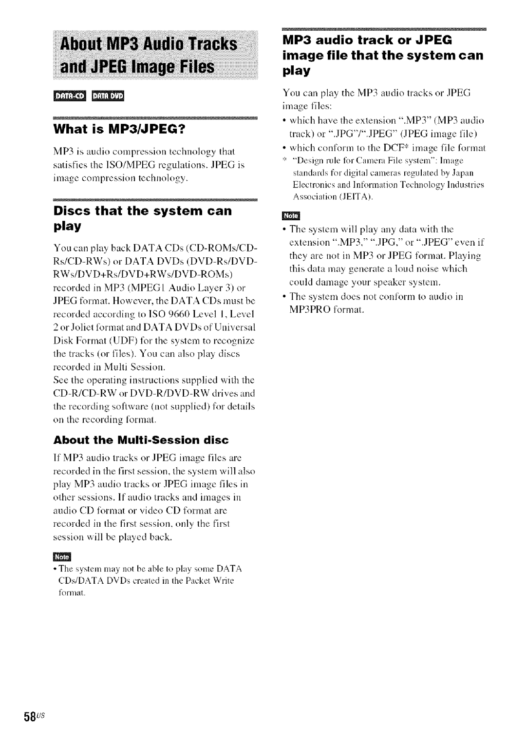 Sony DA V-HDX5OO What is MP3/JPEG?, Discs that the system can play, About the Multi-Session disc, 58us 