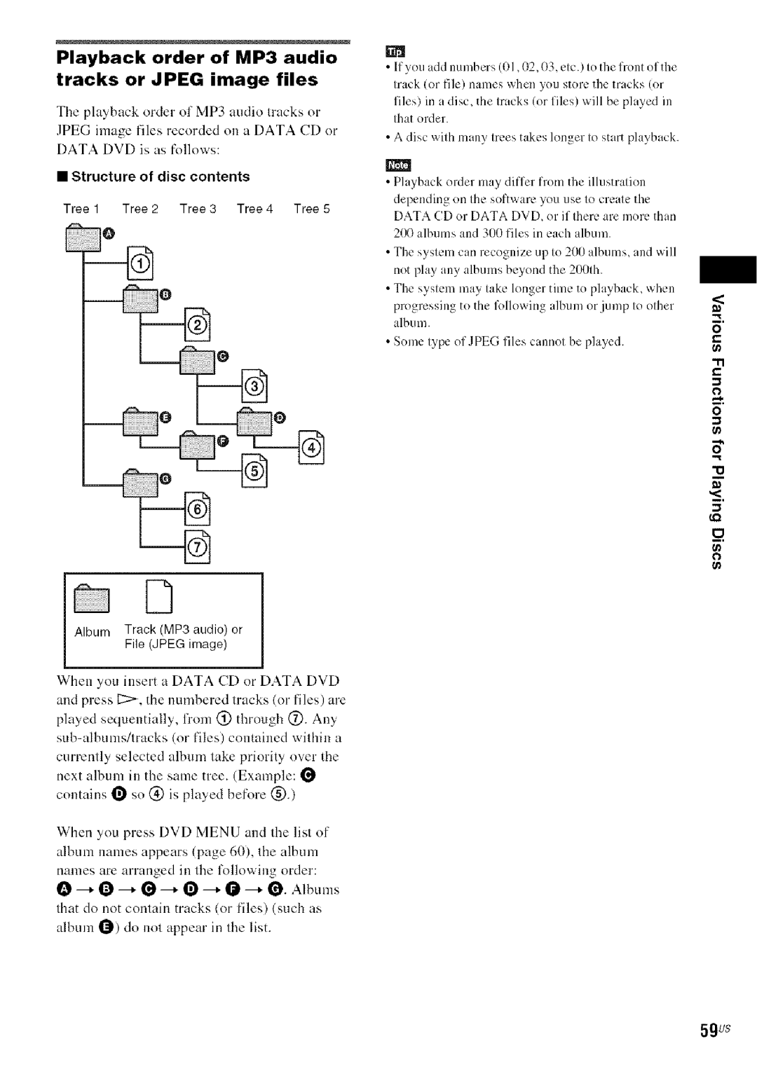 Sony DA V-HDX5OO Playback order of MP3 audio tracks or Jpeg image files, Structure of disc contents, 5gus 