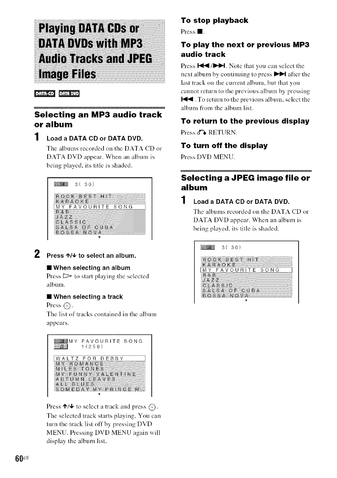 Sony DA V-HDX5OO operating instructions Selecting an MP3 audio track or album, Selecting a Jpeg image file or album, 60us 