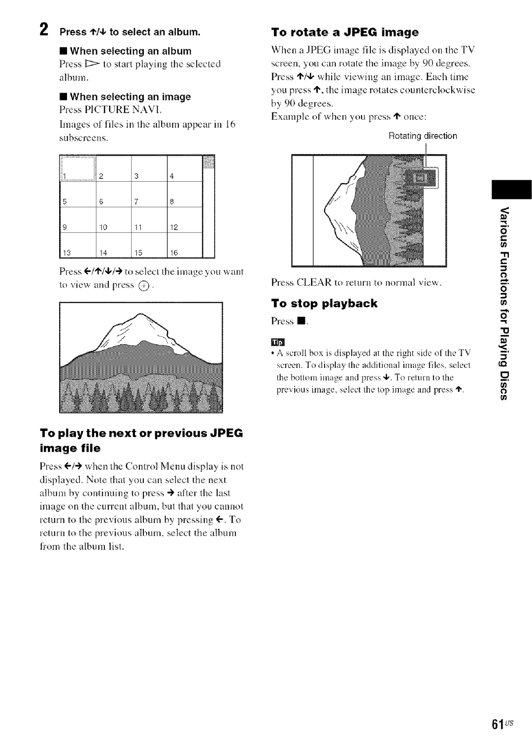 Sony DA V-HDX5OO 61us, When selecting an image Press Picture NAV1, To play the next or previous Jpeg Image file 