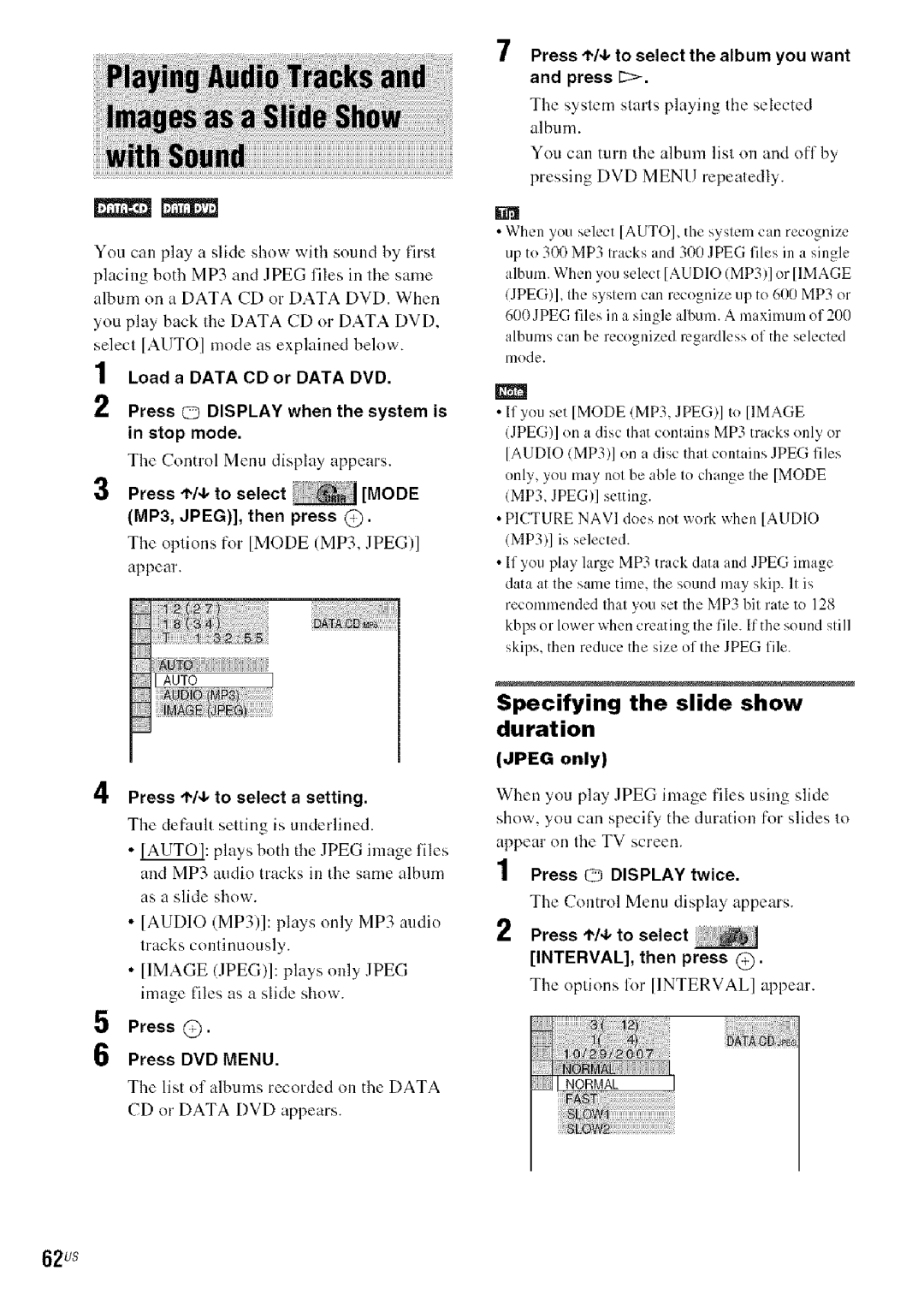 Sony DA V-HDX5OO operating instructions Specifying the slide show duration, 62us, Load a Data CD or Data DVD, Mode 