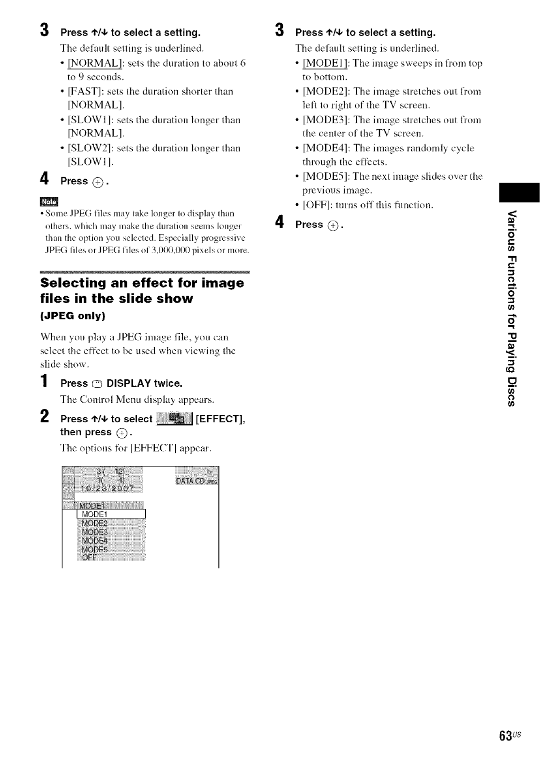 Sony DA V-HDX5OO Selecting an effect for image files in the slide show, 63us, LI Press ,1,/4,to select a setting 