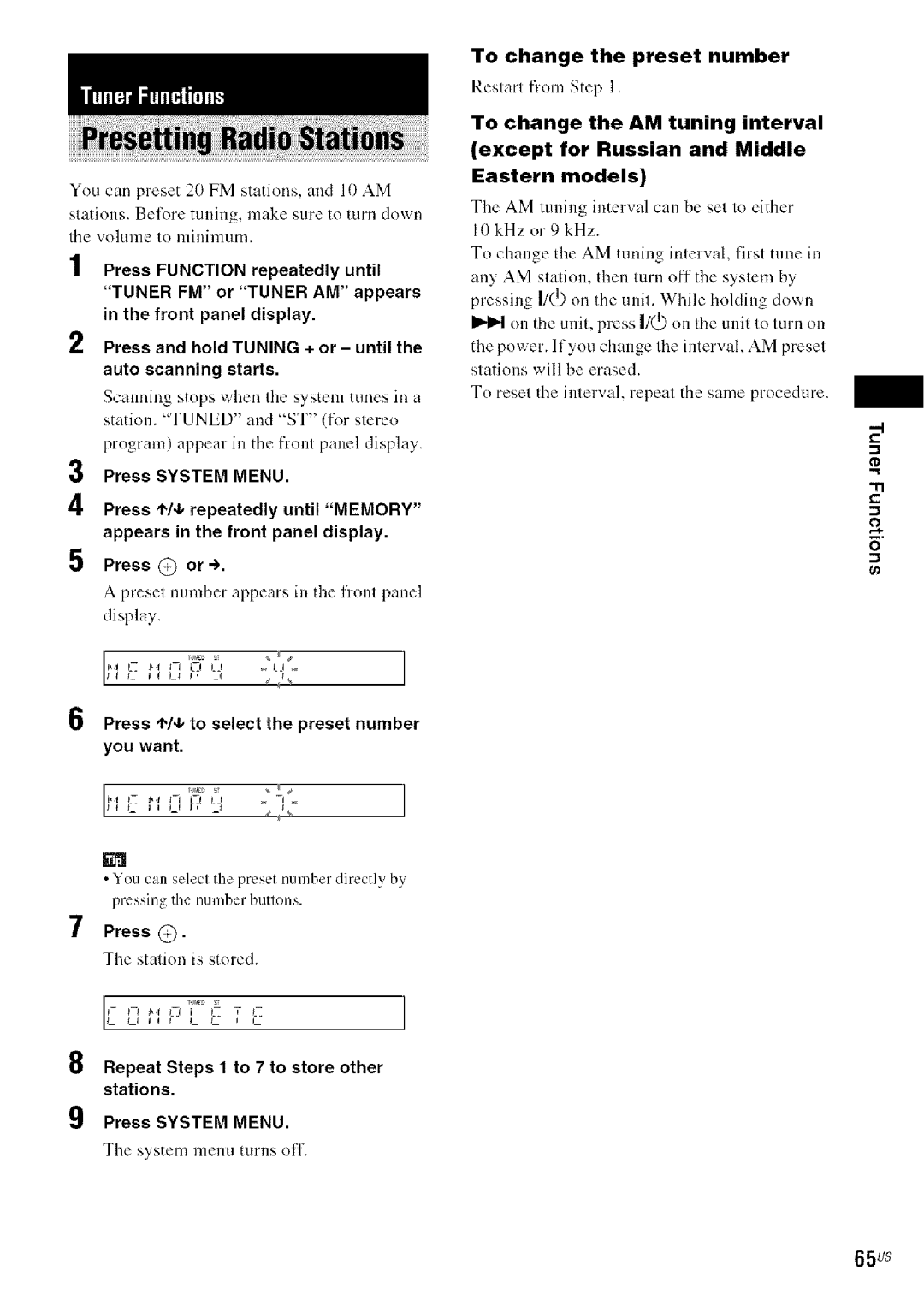 Sony DA V-HDX5OO 65us, Press ,I,/4,to select the preset number you want, To change the preset number, I0 kHz or 9 kHz 