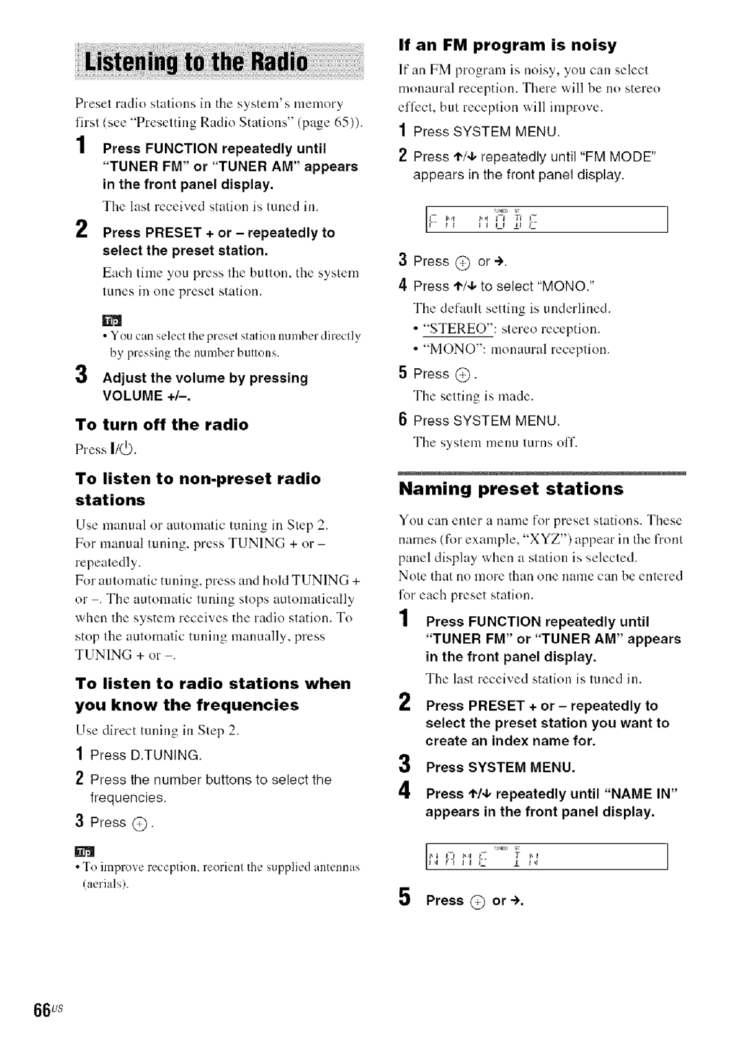 Sony DA V-HDX5OO operating instructions Naming preset stations, 66us, To turn off the radio 