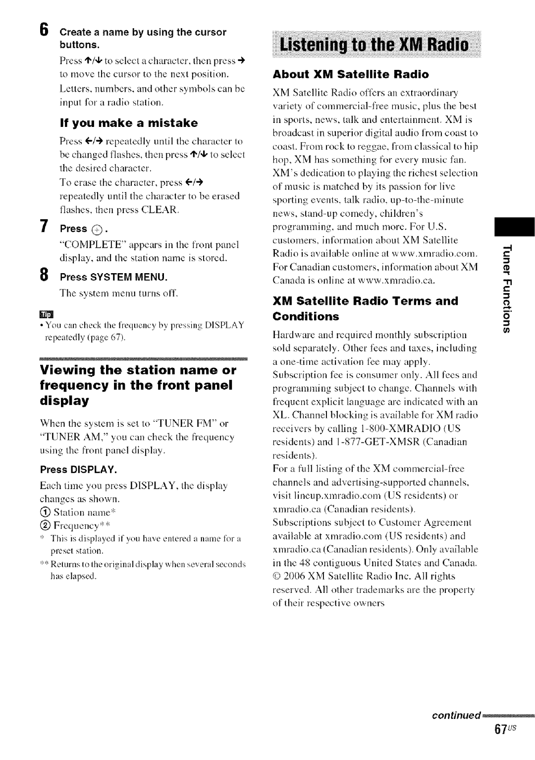 Sony DA V-HDX5OO operating instructions 67us, Create a name by using the cursor buttons, About XM Satellite Radio 