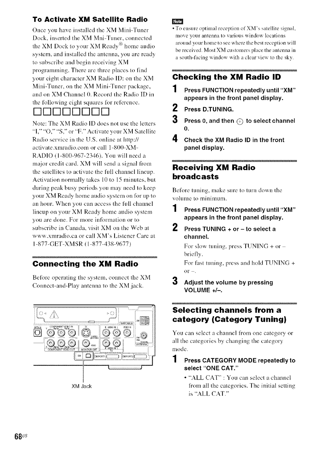 Sony DA V-HDX5OO Connecting the XM Radio, Checking the XM Radio ID, Receiving XM Radio broadcasts, 68us 