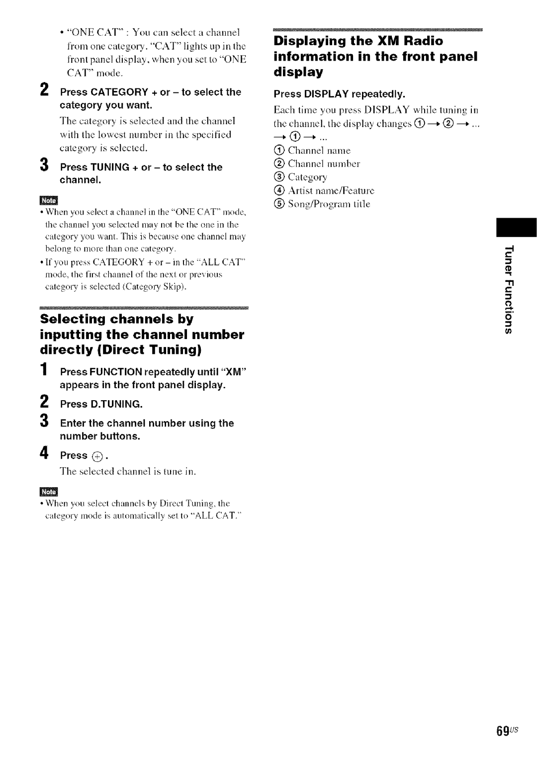 Sony DA V-HDX5OO Displaying the XM Radio Information in the front panel, 6gus, Press Tuning + or to select the channel 