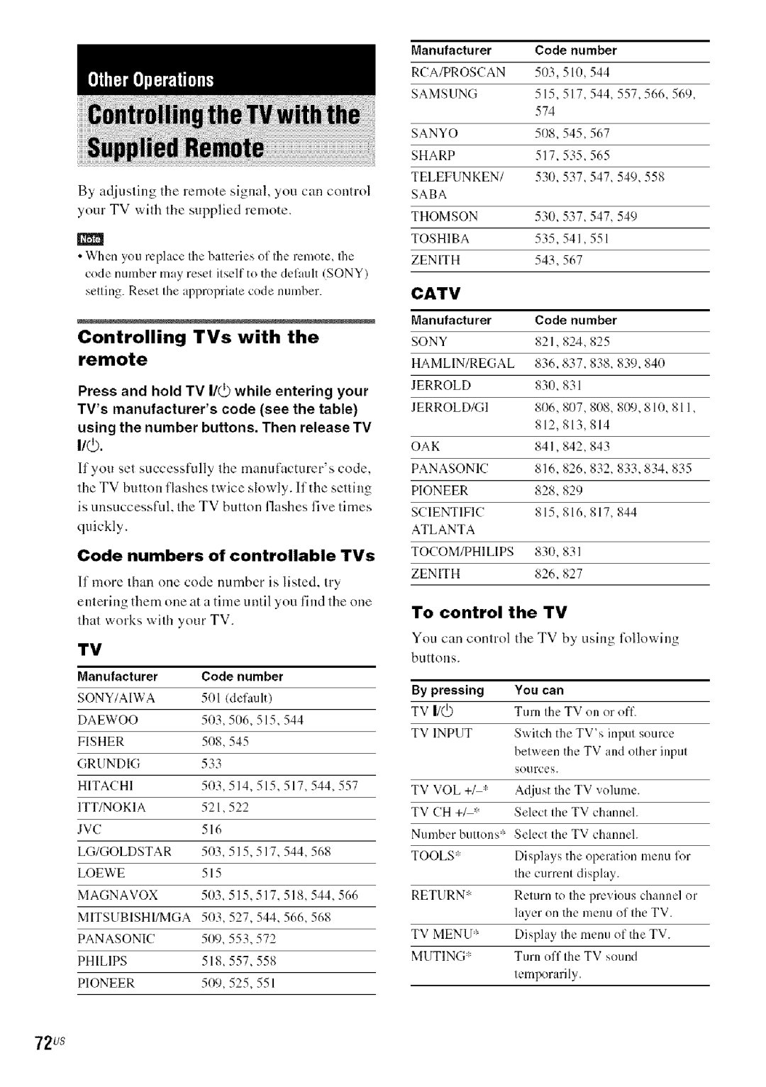 Sony DA V-HDX5OO operating instructions Controlling TVs with the remote, 72us, Catv 