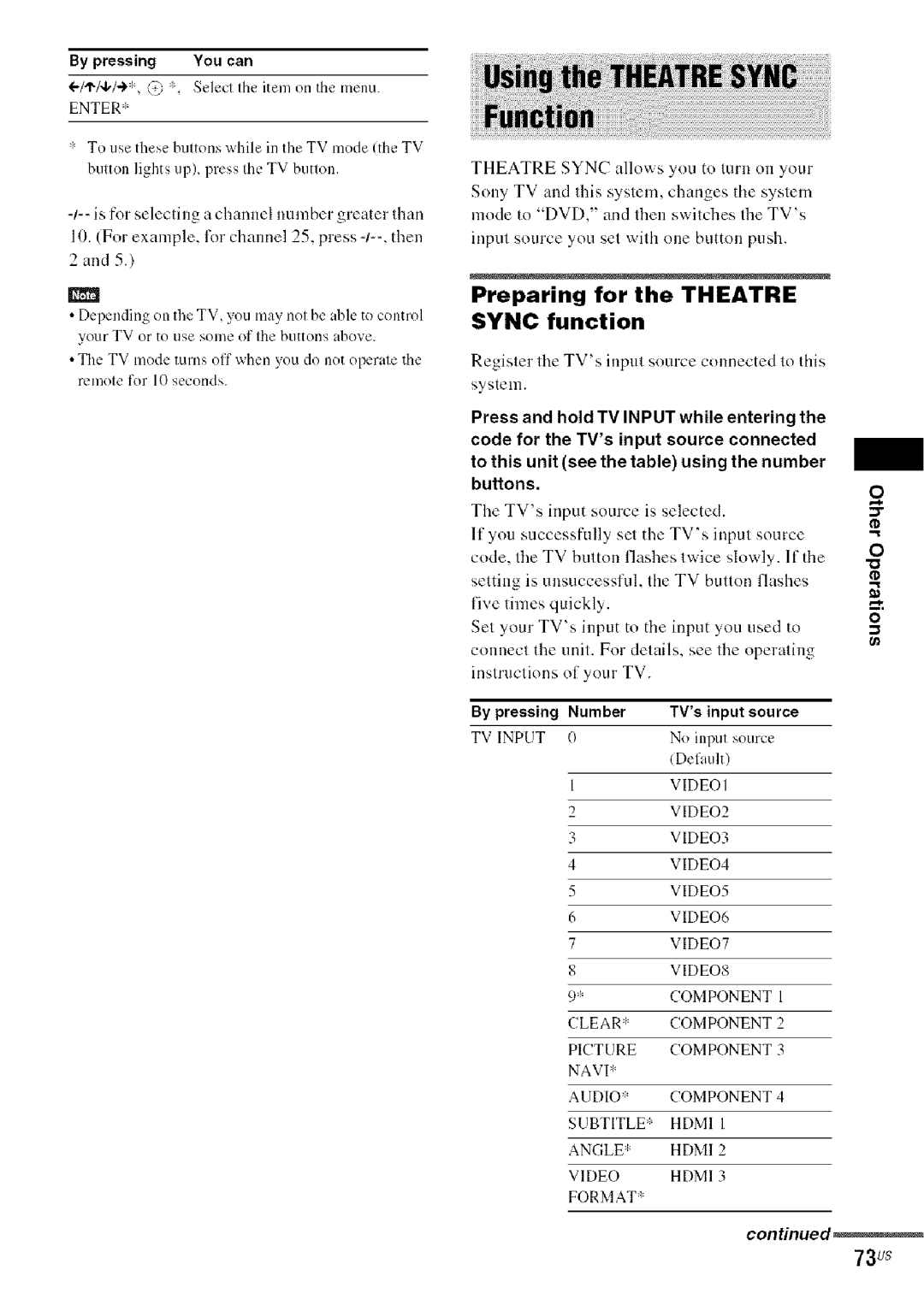 Sony DA V-HDX5OO Preparing for the Theatre Sync function, 73us, By pressing Number, By pressing You can, TVs input source 