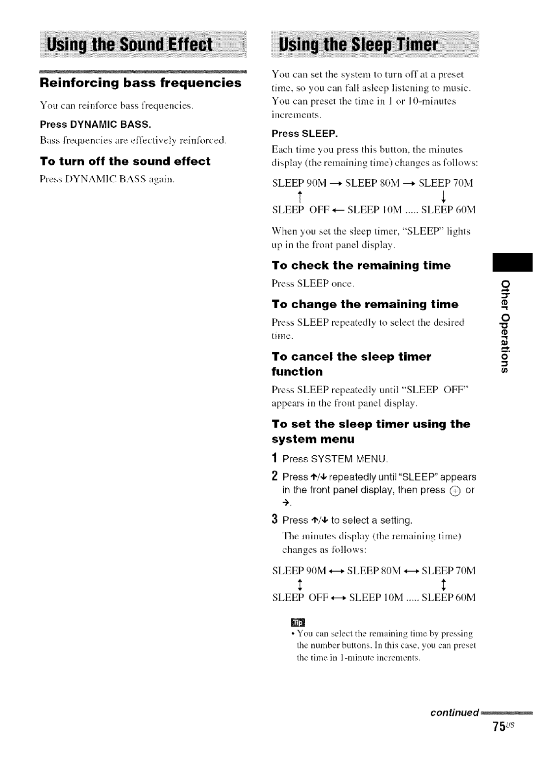 Sony DA V-HDX5OO operating instructions Reinforcing bass frequencies, To check the remaining time 