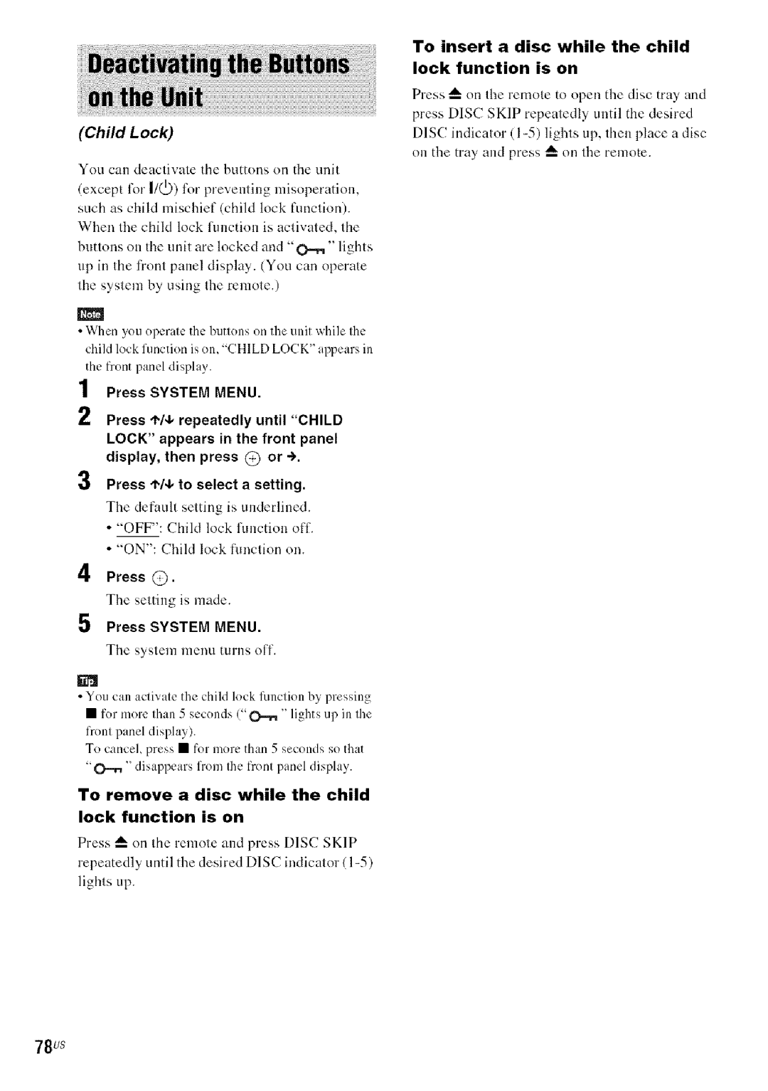 Sony DA V-HDX5OO operating instructions To remove a disc while the child Lock function is on, 78us 