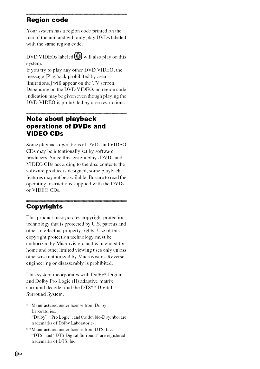 Sony DA V-HDX5OO operating instructions Region code, Operations of DVDs and Video CDs, Copyrights 