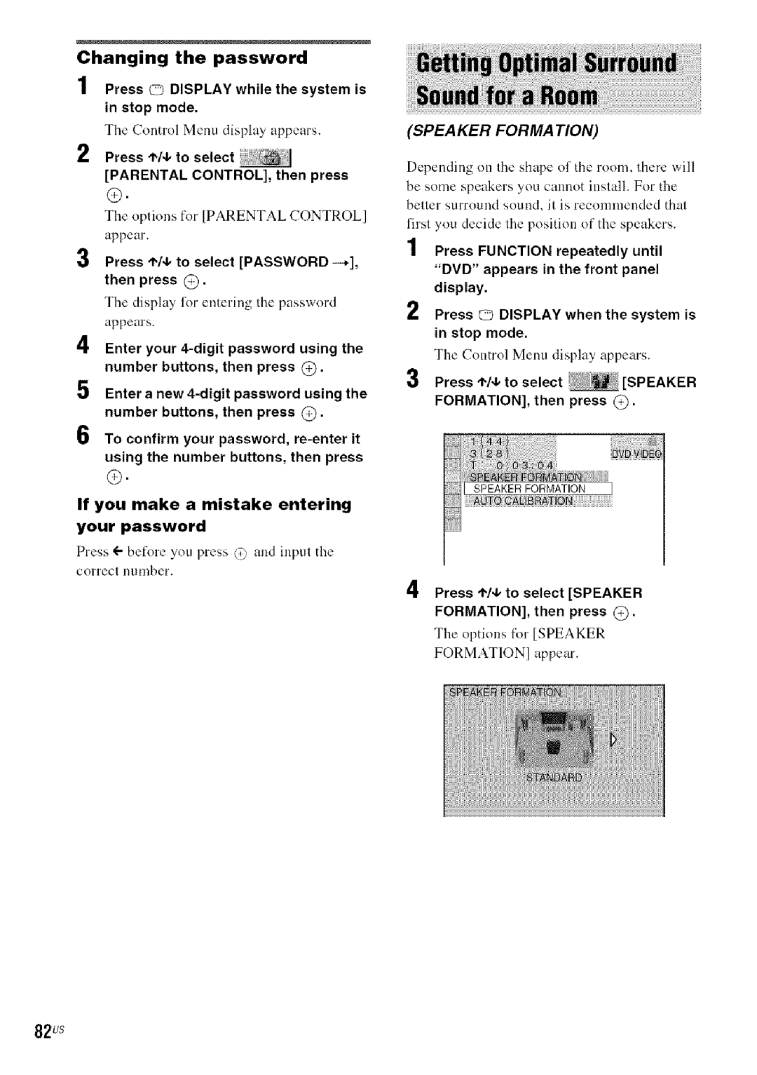 Sony DA V-HDX5OO Changing the password, Press t/4, to select Speaker FORMATION, then press @, Options for Speaker 