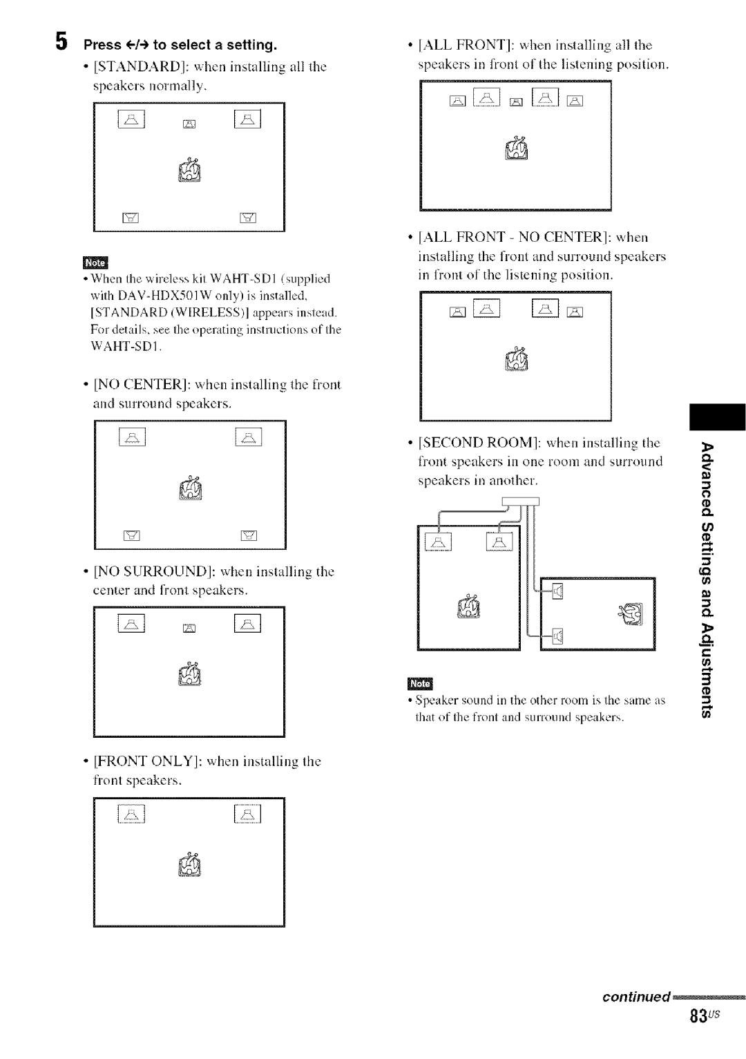 Sony DA V-HDX5OO 83us, Standard when installing all dae speakers normally, Front only when installing Ille fronl speakers 