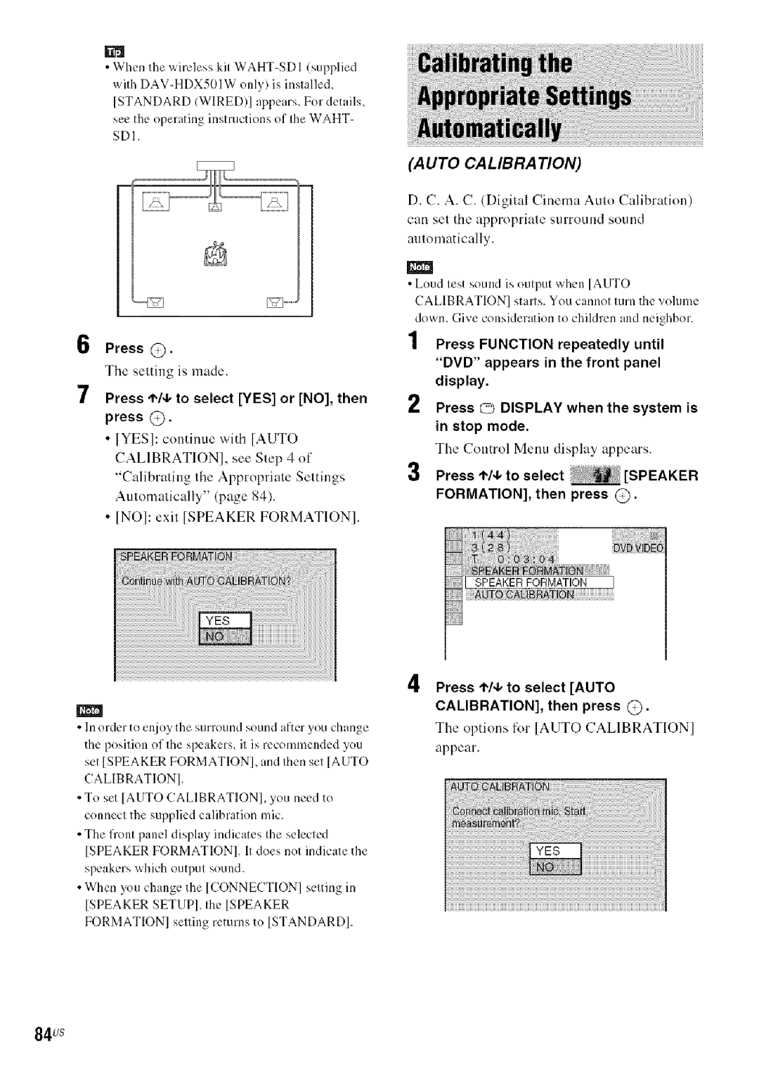 Sony DA V-HDX5OO operating instructions 84us, CALIBRATION, then press @, Options for Auto Calibration Appear 