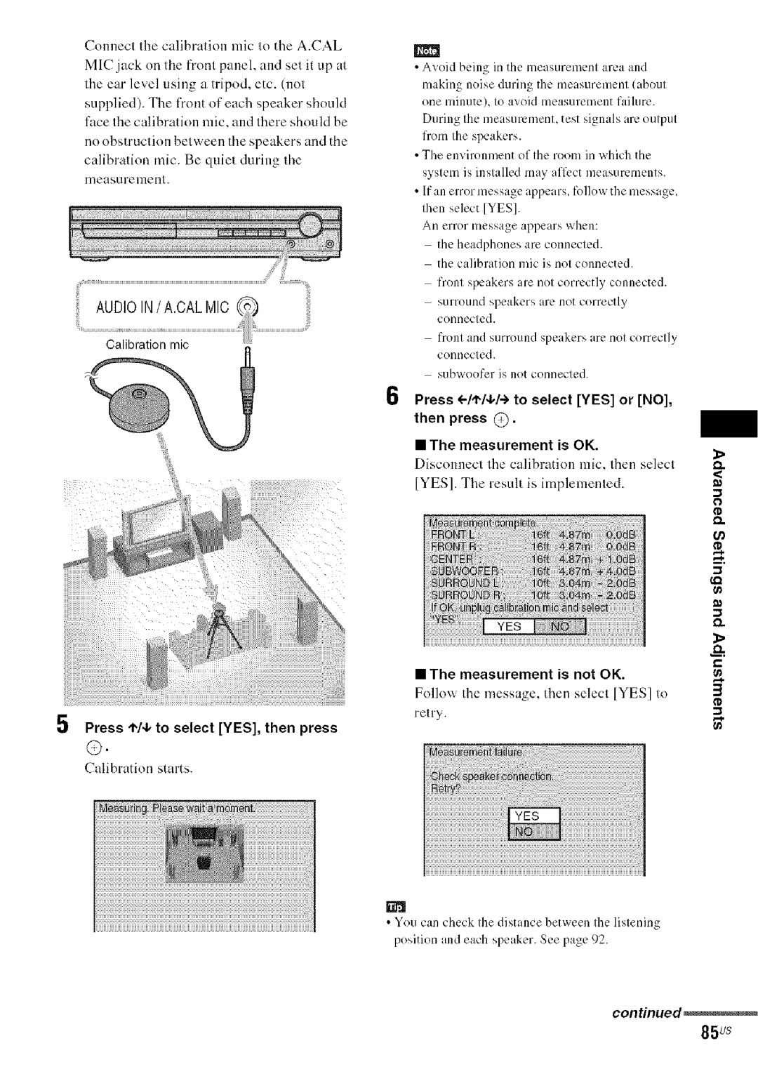 Sony DA V-HDX5OO operating instructions 85us, Press 4,/4, to select YES, then press, Measurement is not OK 