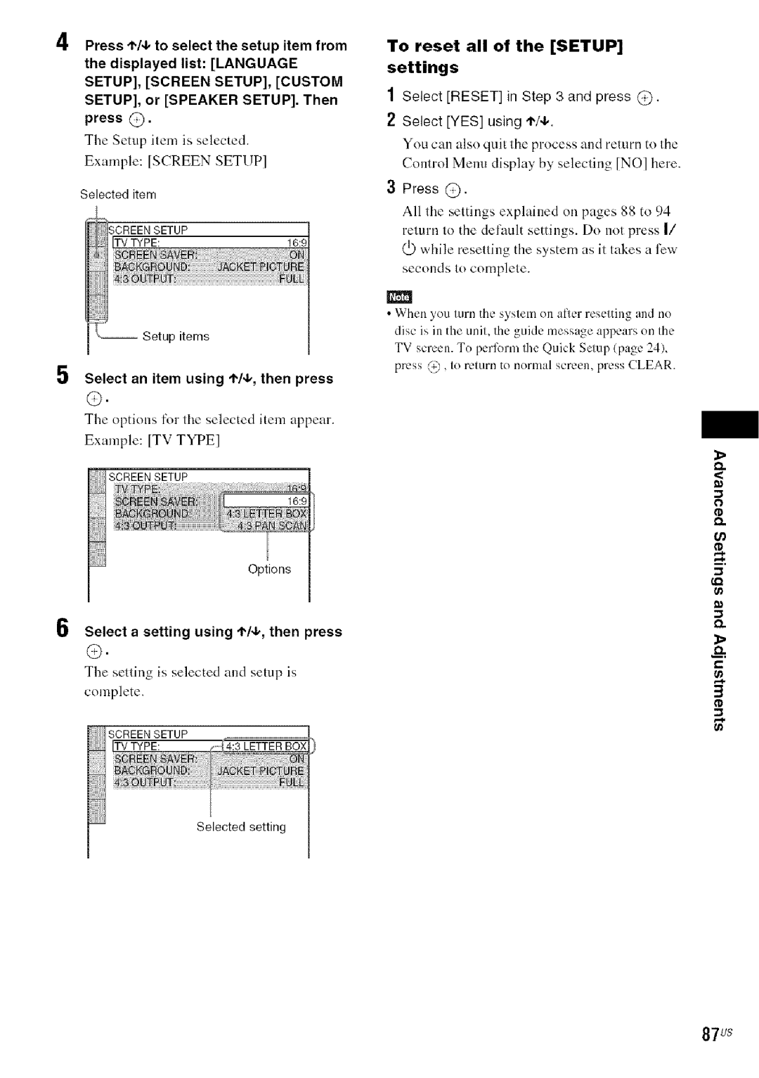 Sony DA V-HDX5OO Select an item using I/4,,then press, Select a setting using t,/4,, then press, TD D 87us 