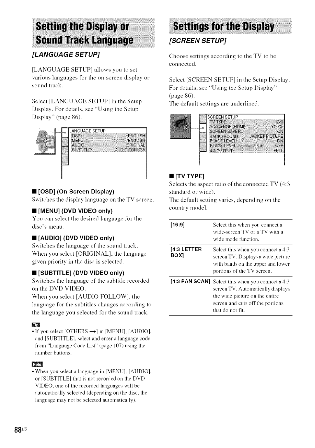 Sony DA V-HDX5OO OSD On-Screen Display, Menu DVD Video only, Audio DVD Video only, Subtitle DVD Video only, 88us 