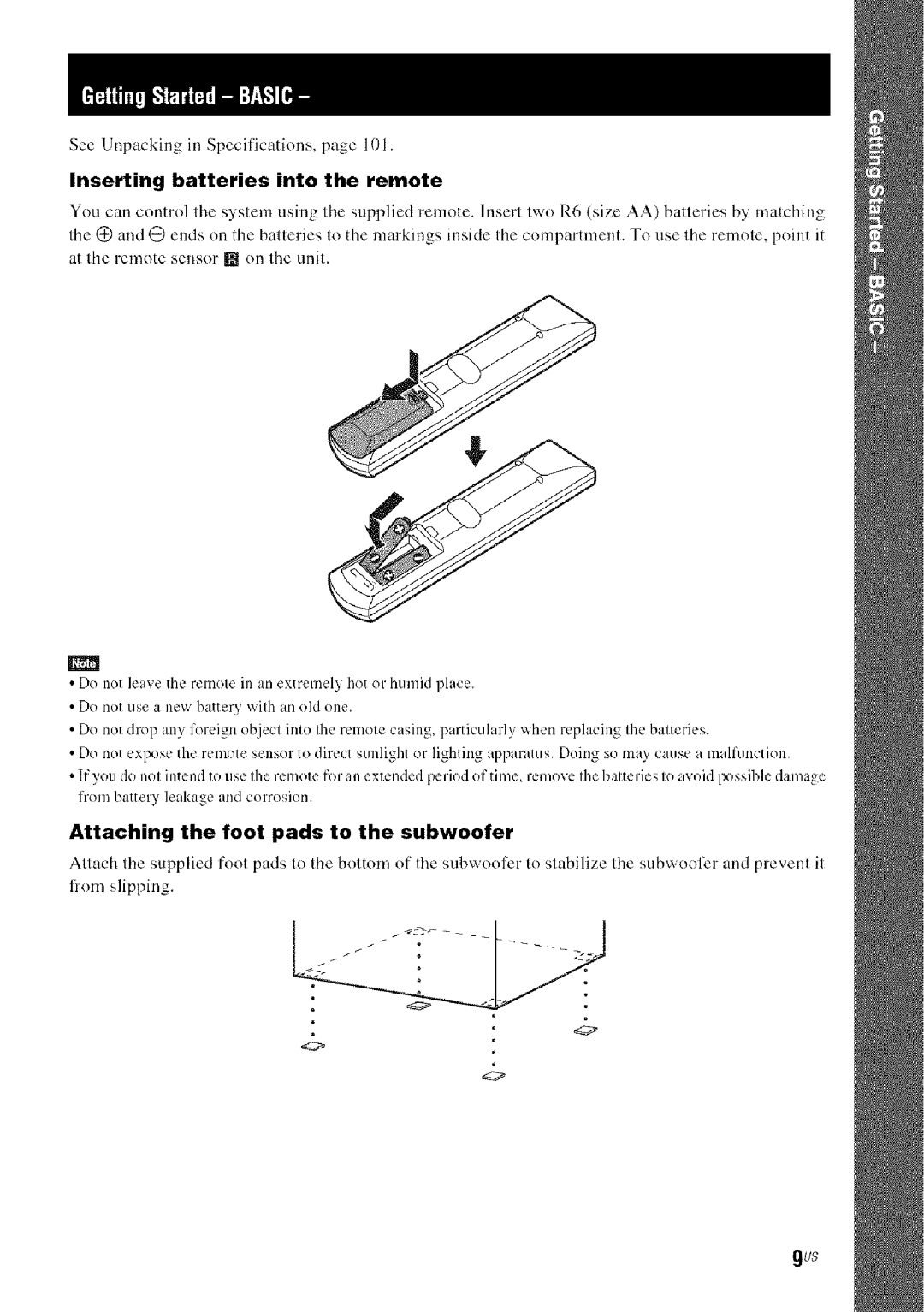 Sony DA V-HDX5OO operating instructions Attaching the foot pads to the subwoofer, Inserting batteries into the remote 