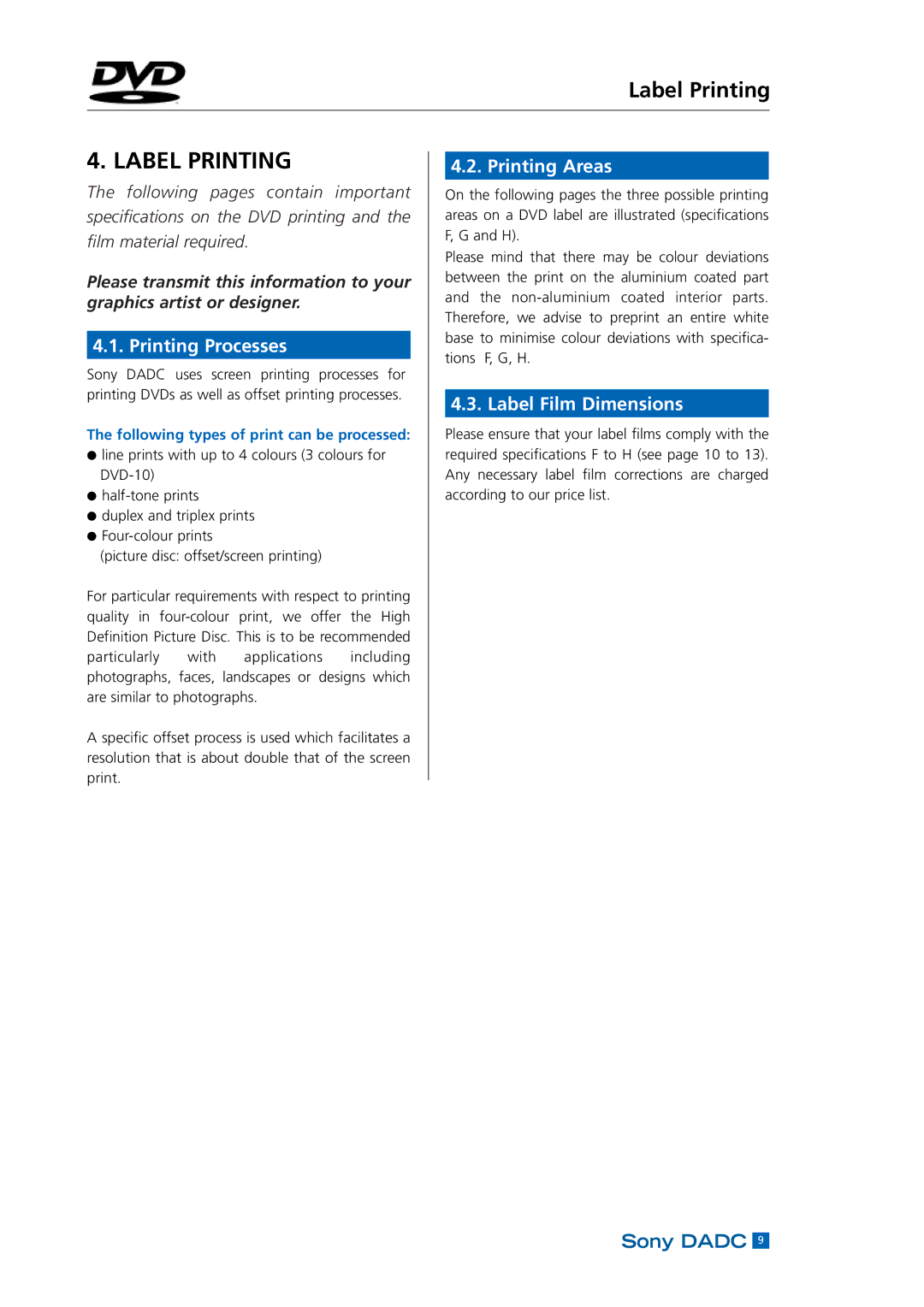 Sony DADC manual Label Printing, Printing Processes, Printing Areas, Label Film Dimensions 