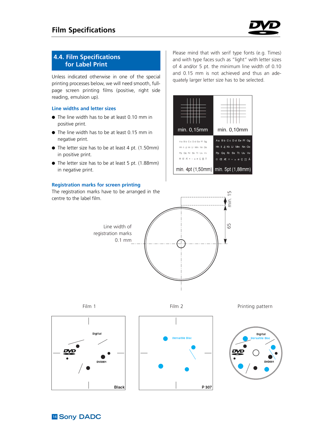 Sony DADC Film Specifications for Label Print, Line widths and letter sizes, Registration marks for screen printing 