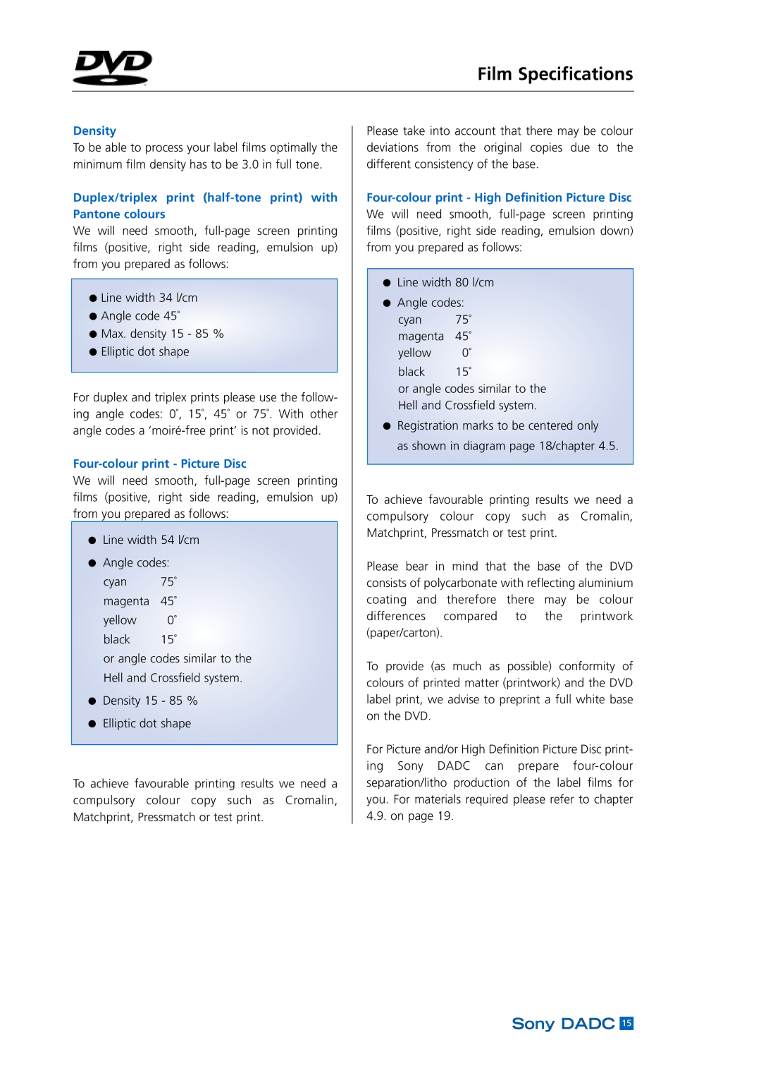 Sony DADC manual Density, Duplex/triplex print half-tone print with Pantone colours, Four-colour print Picture Disc 