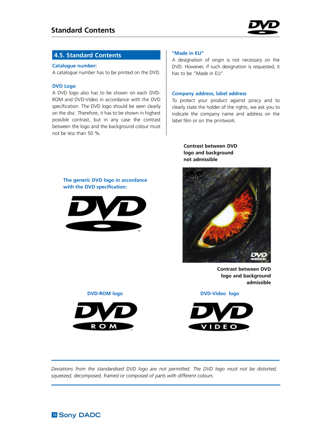 Sony DADC manual Standard Contents 