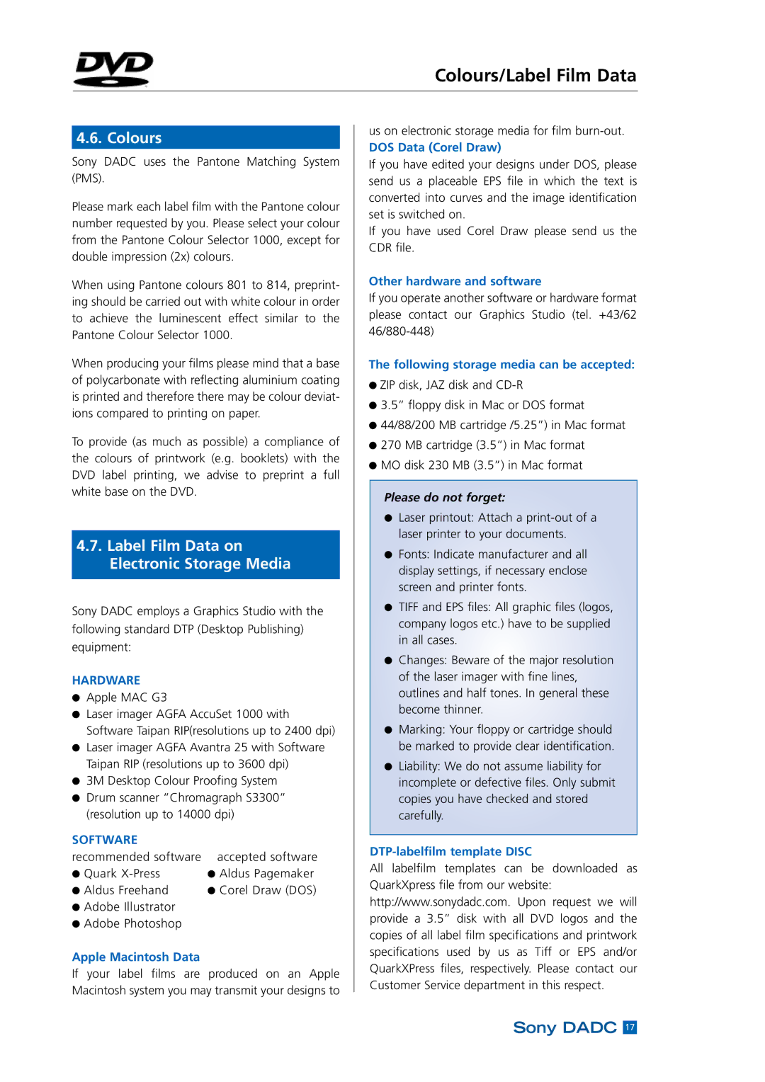 Sony DADC manual Colours/Label Film Data, Label Film Data on Electronic Storage Media, Please do not forget 