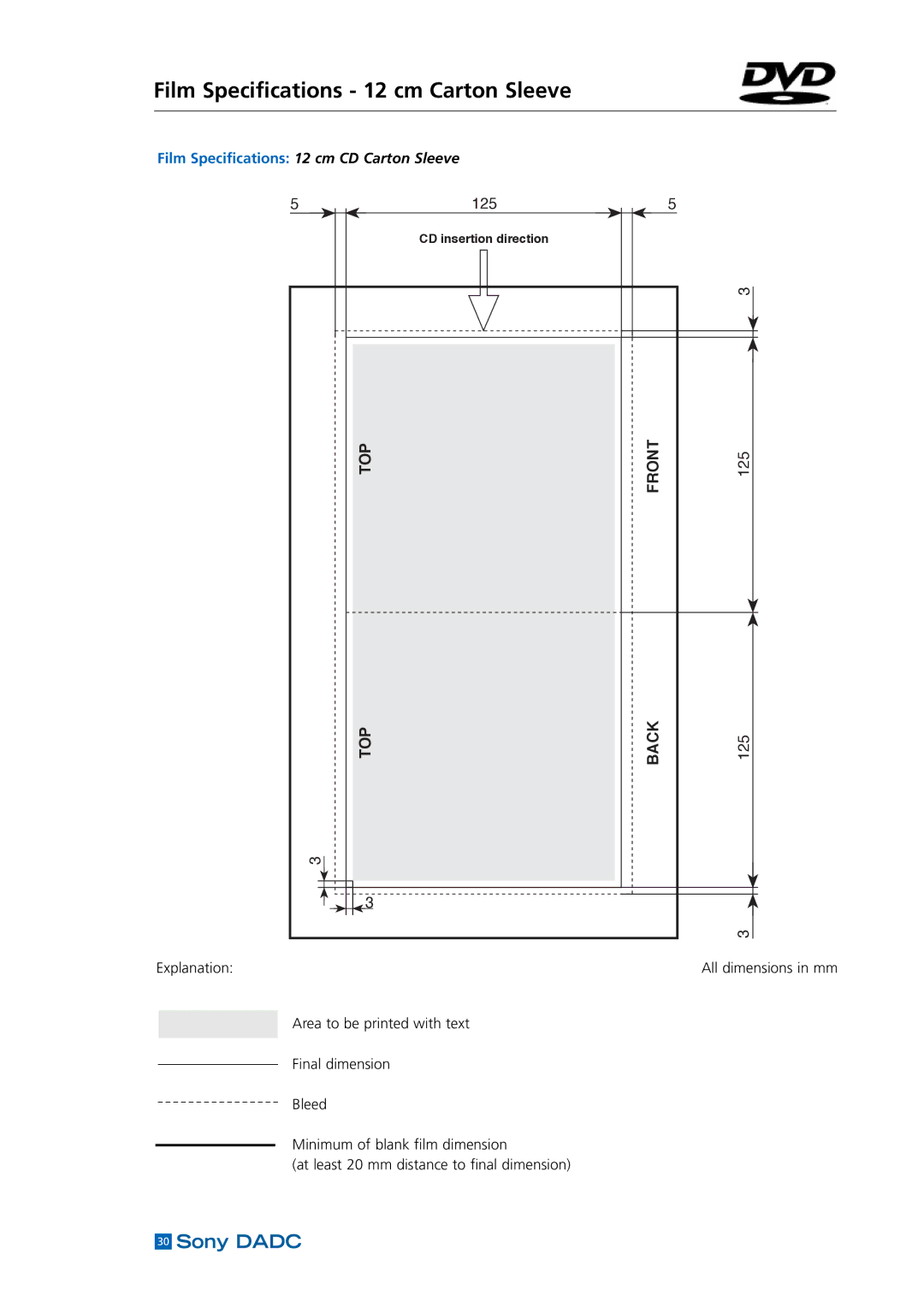 Sony DADC manual Film Specifications 12 cm Carton Sleeve, Film Specifications 12 cm CD Carton Sleeve 