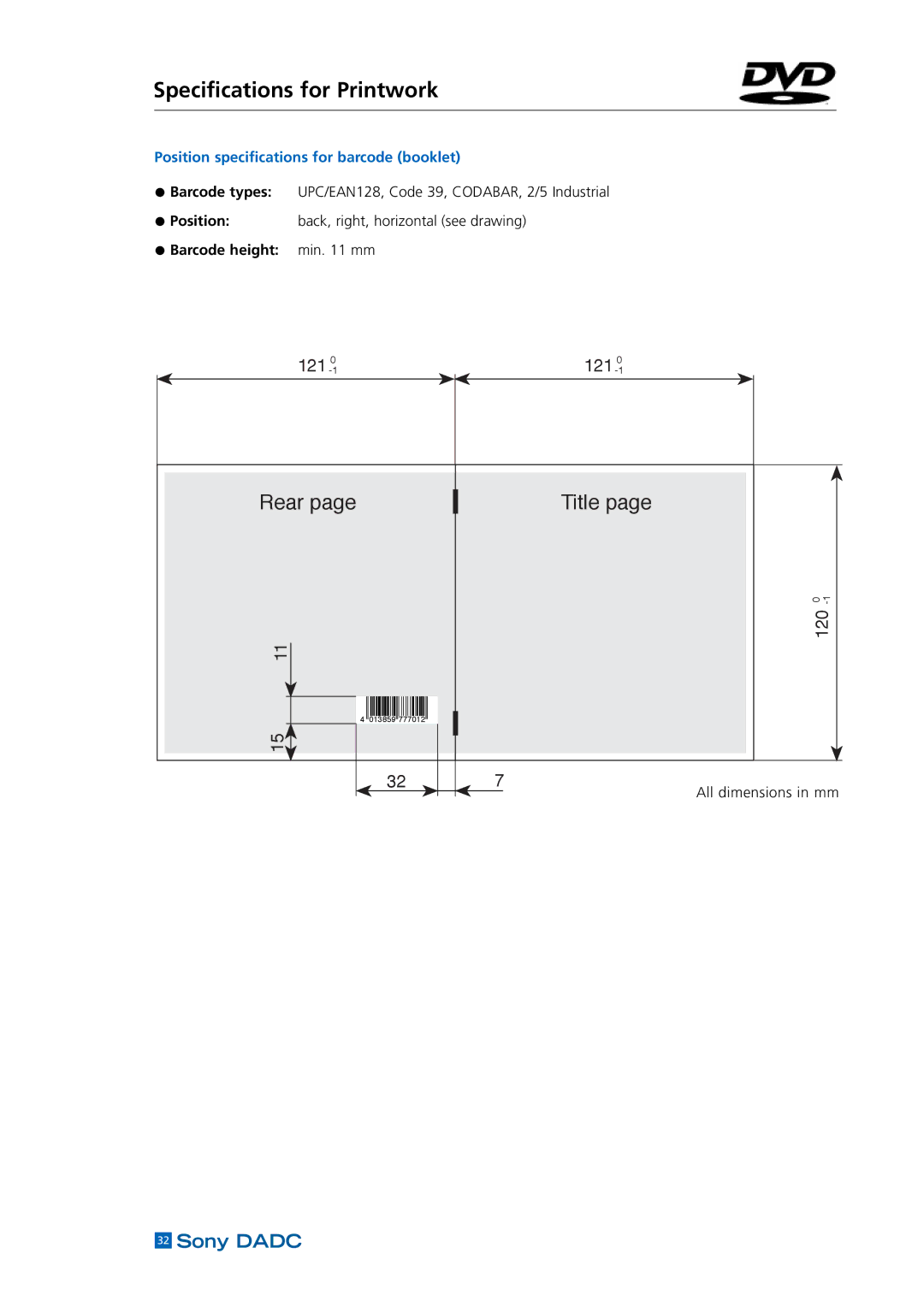 Sony DADC manual Position specifications for barcode booklet 