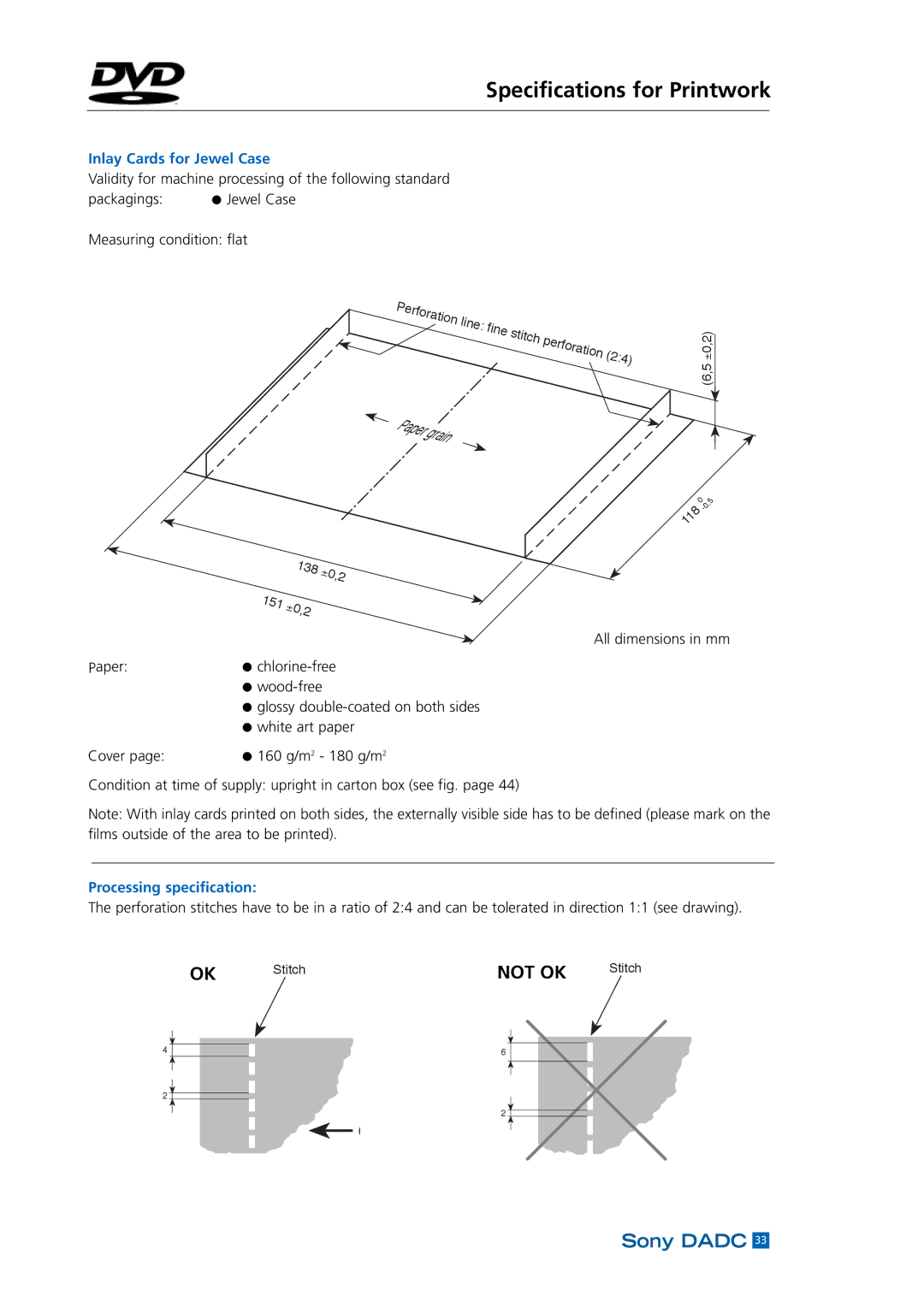 Sony DADC manual Inlay Cards for Jewel Case, Processing specification 