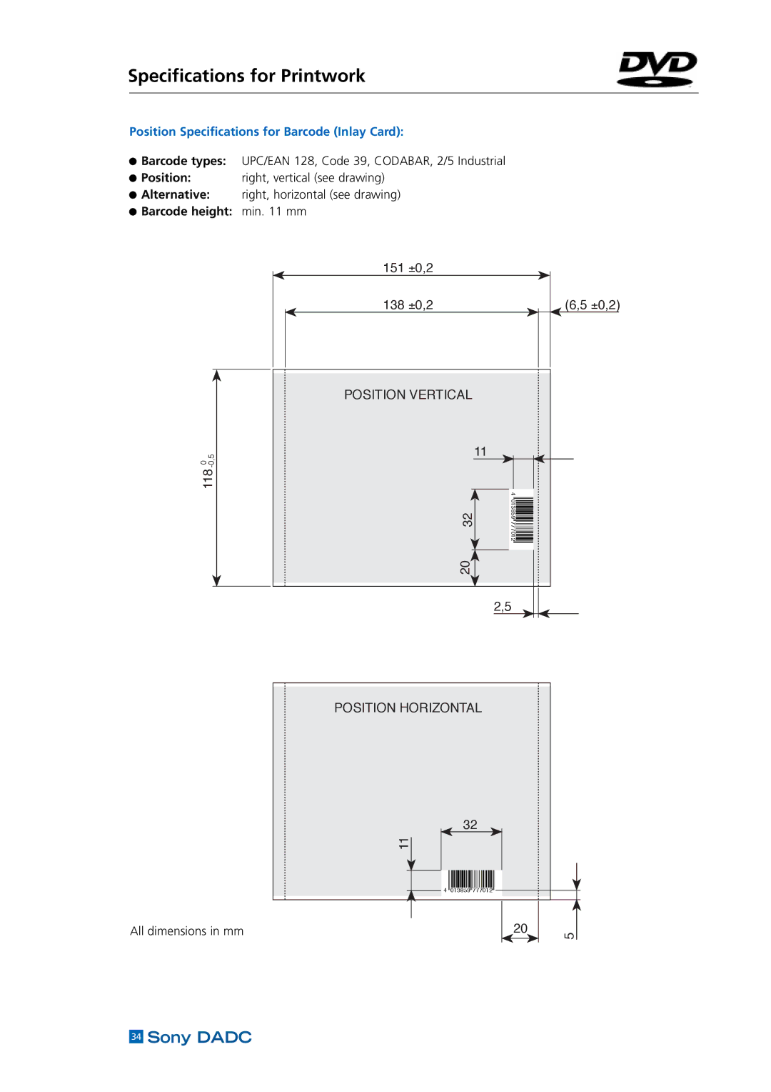 Sony DADC manual Position Specifications for Barcode Inlay Card 