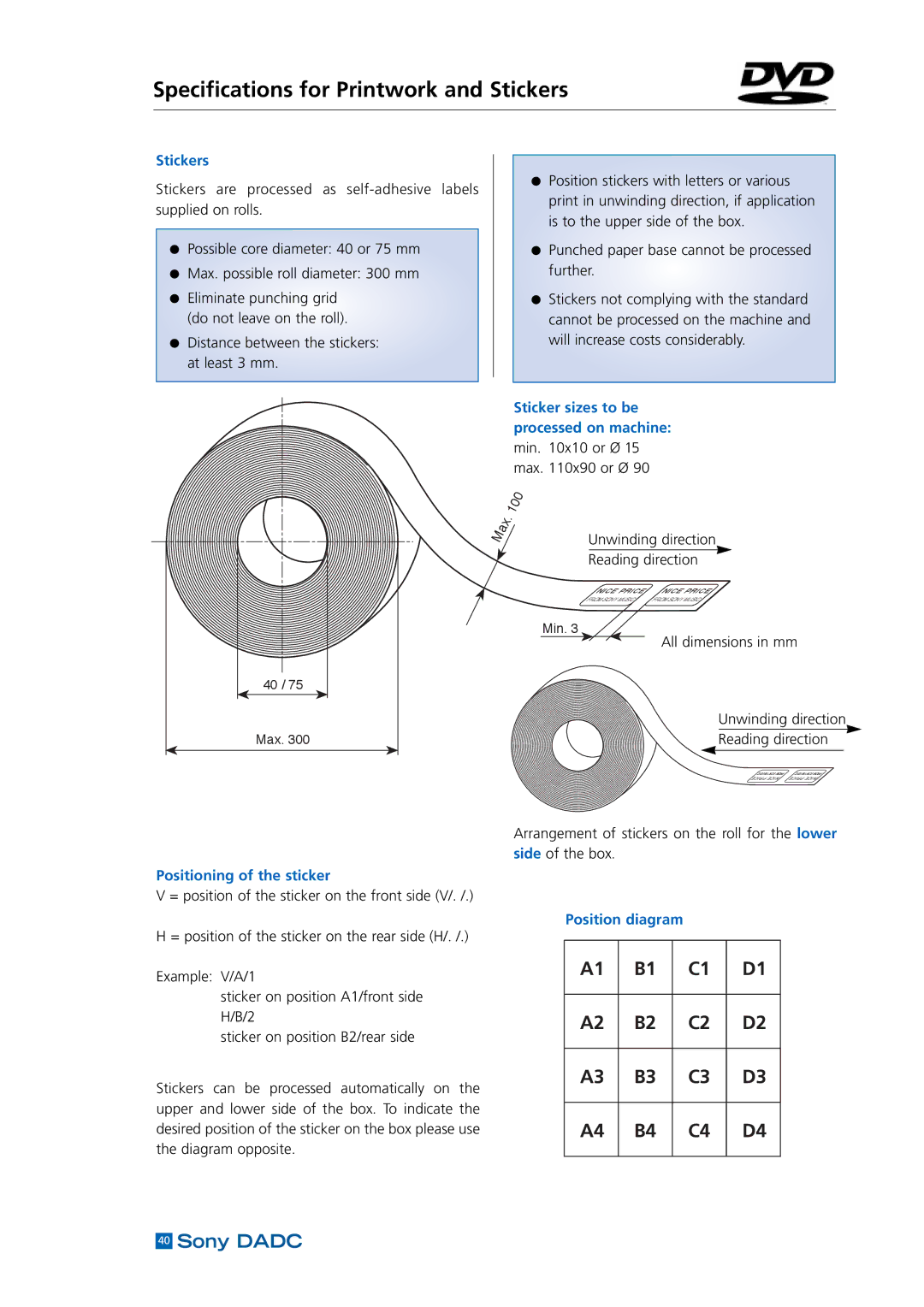 Sony DADC manual Specifications for Printwork and Stickers, Positioning of the sticker, Position diagram 