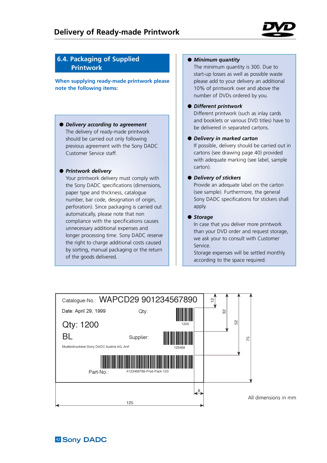 Sony DADC manual Delivery of Ready-made Printwork, Packaging of Supplied Printwork 