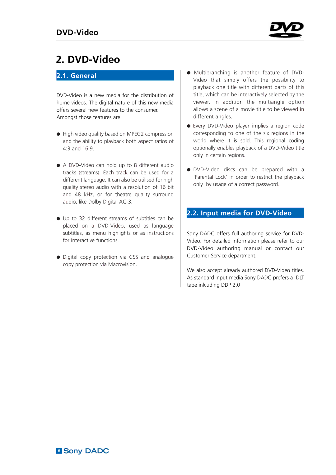 Sony DADC manual General, Input media for DVD-Video 