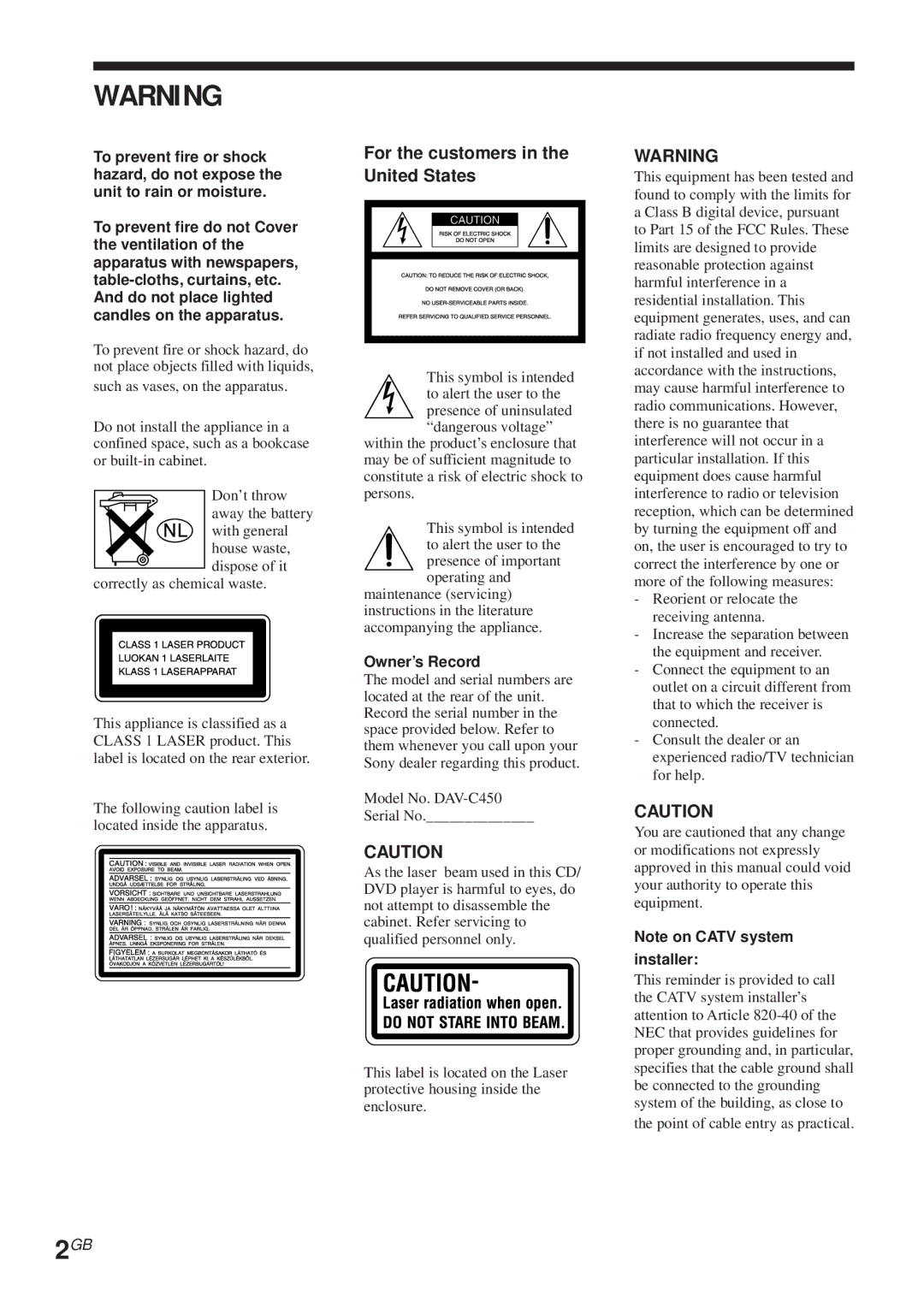 Sony DAV-C450 manual For the customers in the United States, Owner’s Record 