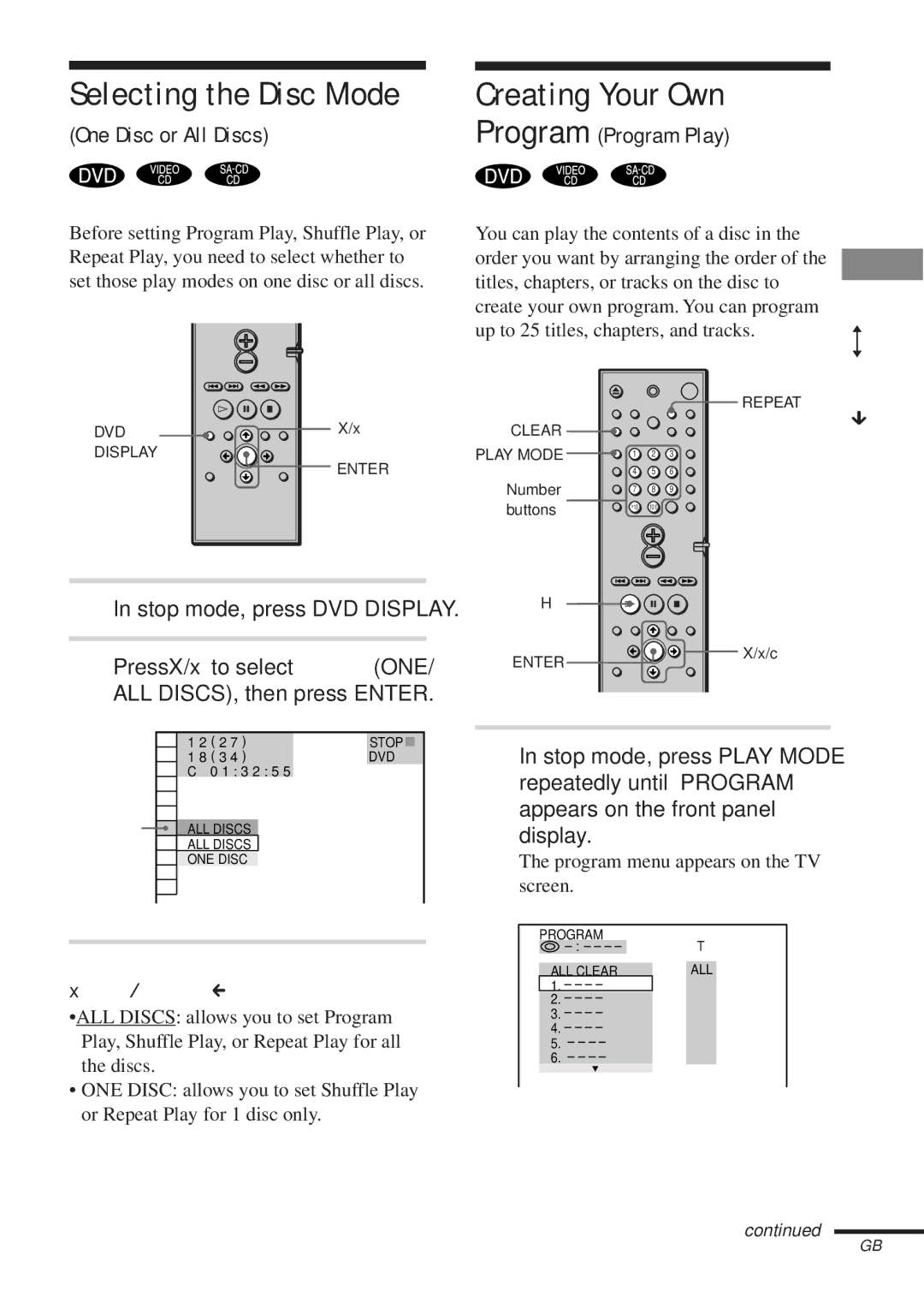 Sony DAV-C450 manual Selecting the Disc Mode, 37GB, One Disc or All Discs, Stop mode, press DVD Display 