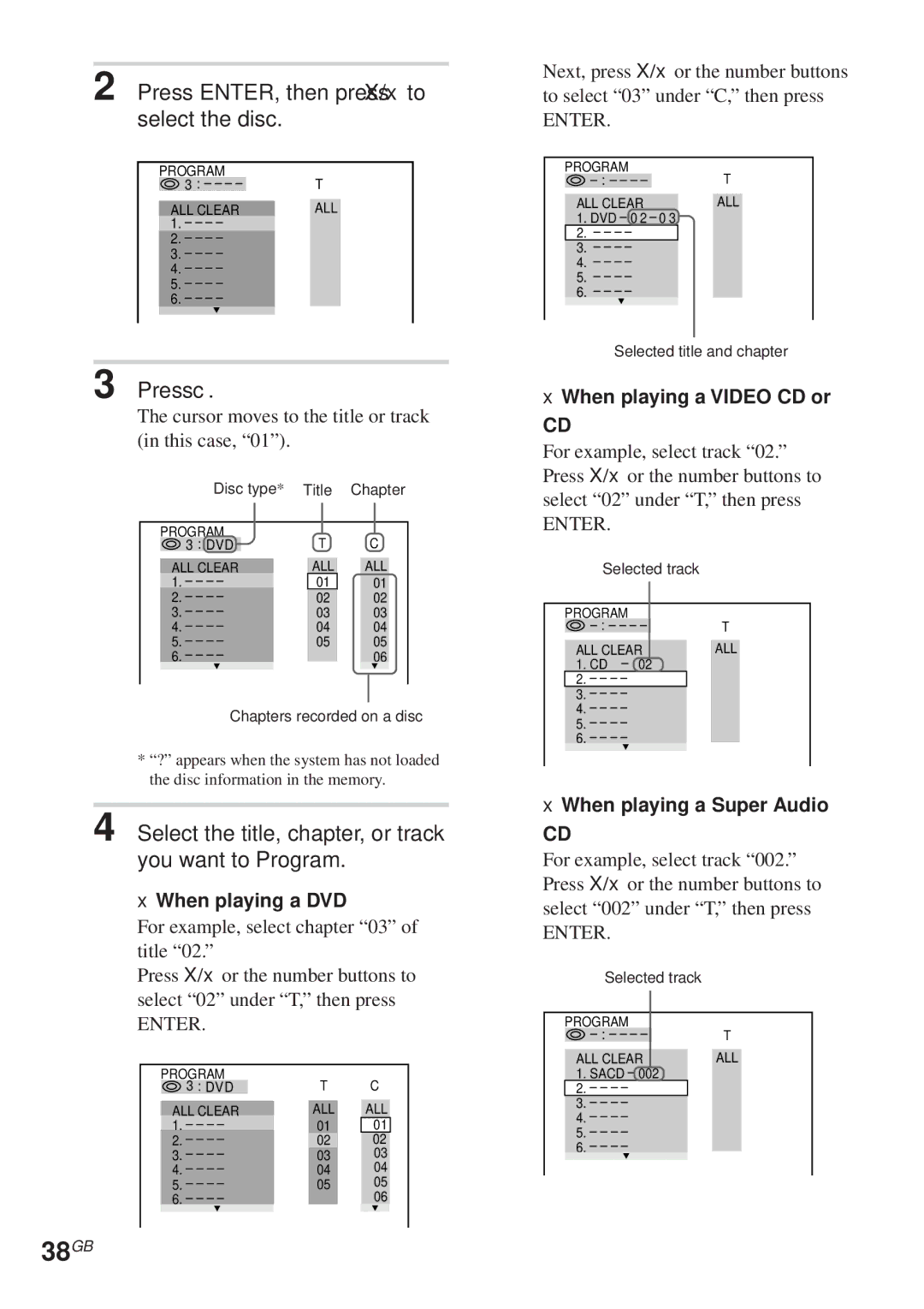 Sony DAV-C450 manual 38GB, Press ENTER, then press X/x to select the disc, Press c 