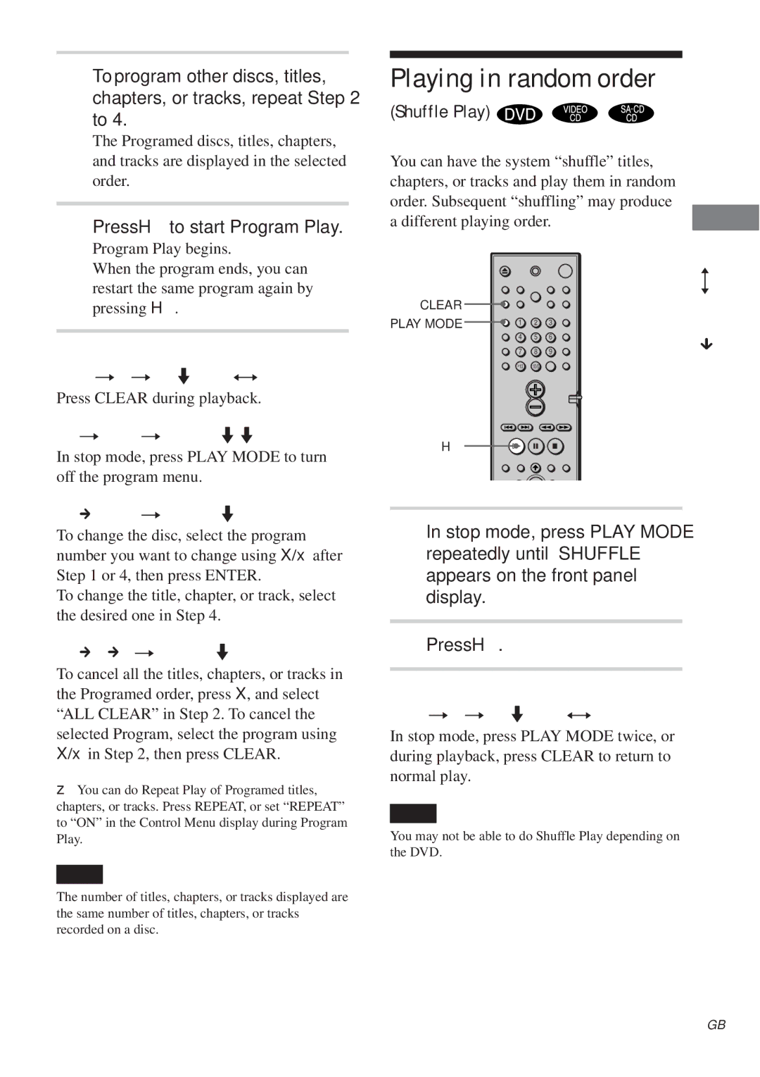 Sony DAV-C450 manual Playing in random order, 39GB, Press H to start Program Play, Shuffle Play 