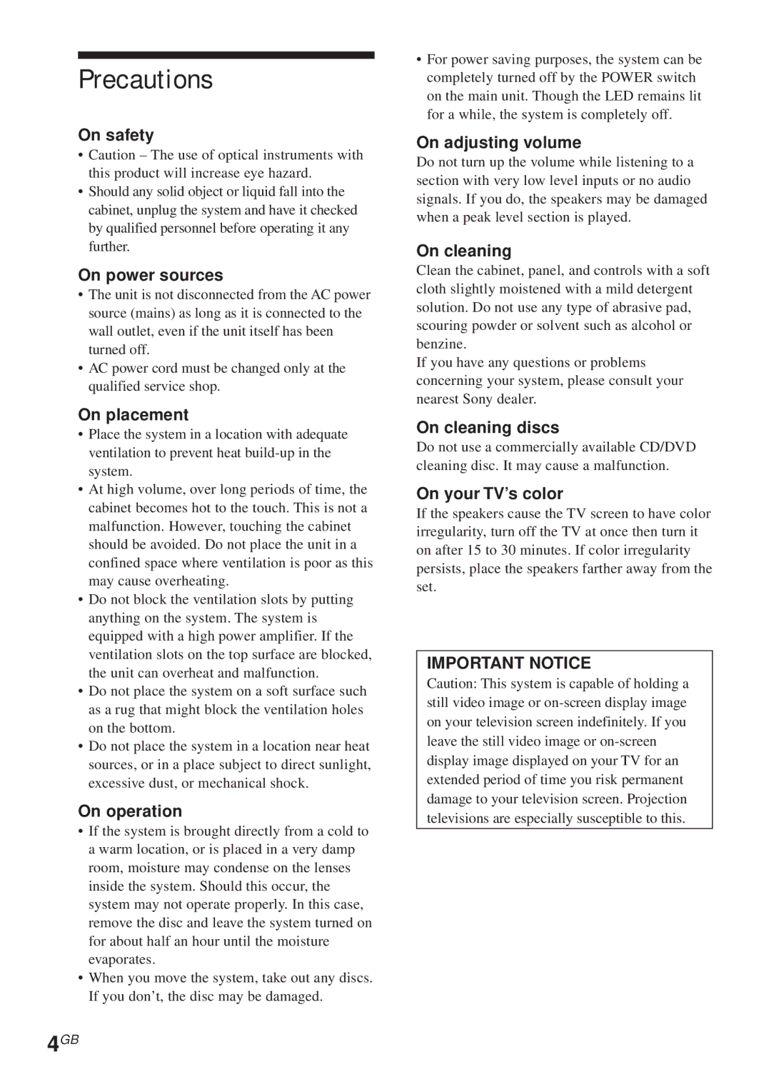 Sony DAV-C450 manual Precautions 