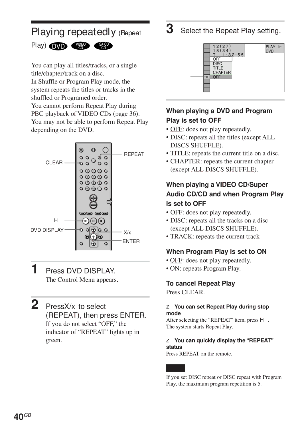 Sony DAV-C450 manual Playing repeatedly Repeat, 40GB, Press DVD Display, Select the Repeat Play setting 