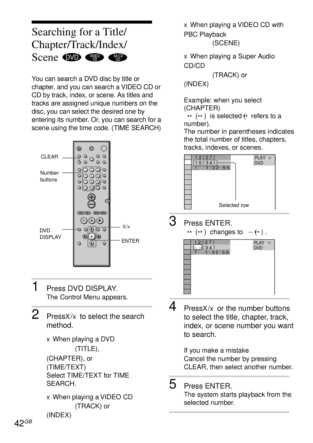 Sony DAV-C450 manual Searching for a Title/ Chapter/Track/Index/ Scene 