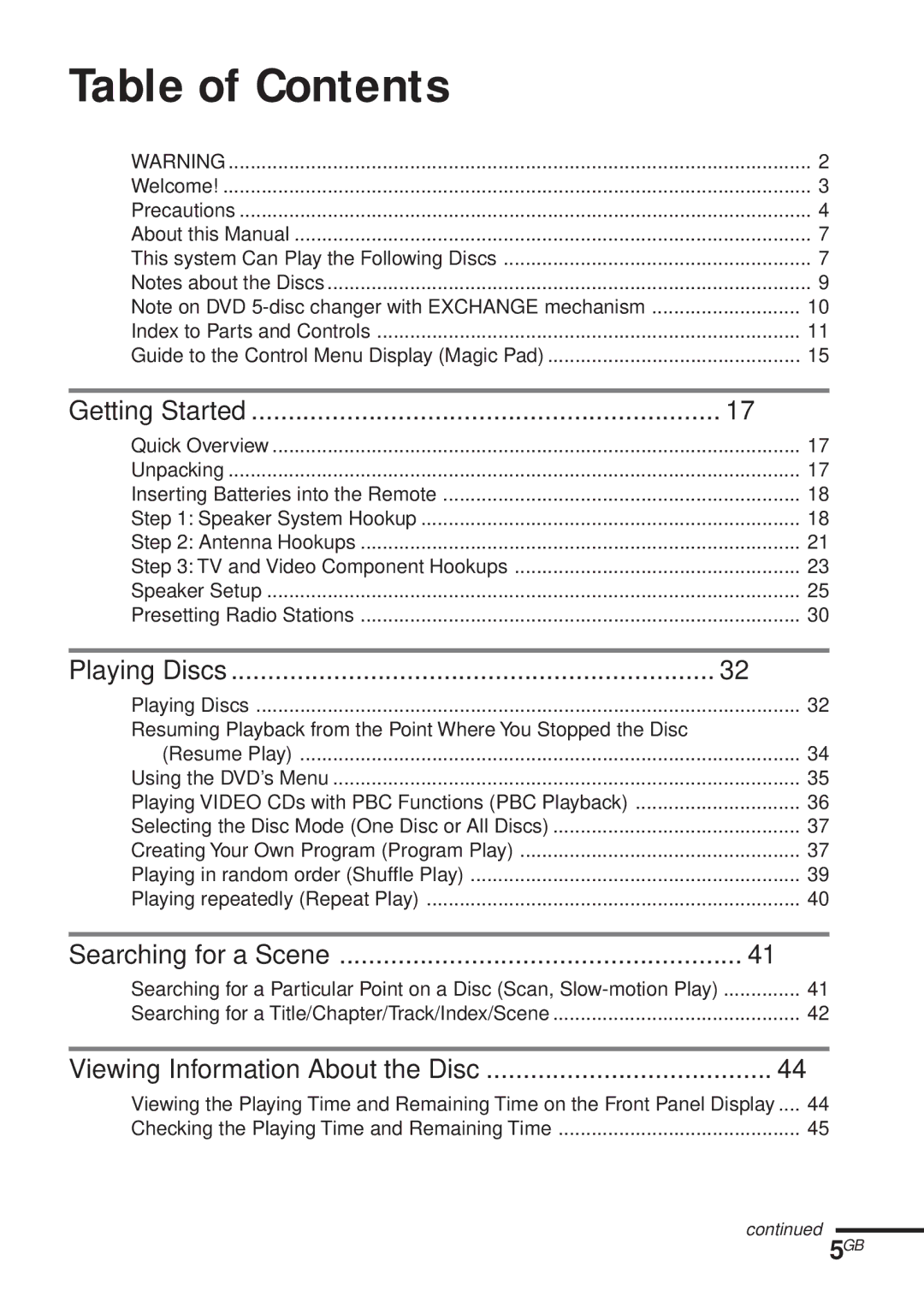 Sony DAV-C450 manual Table of Contents 