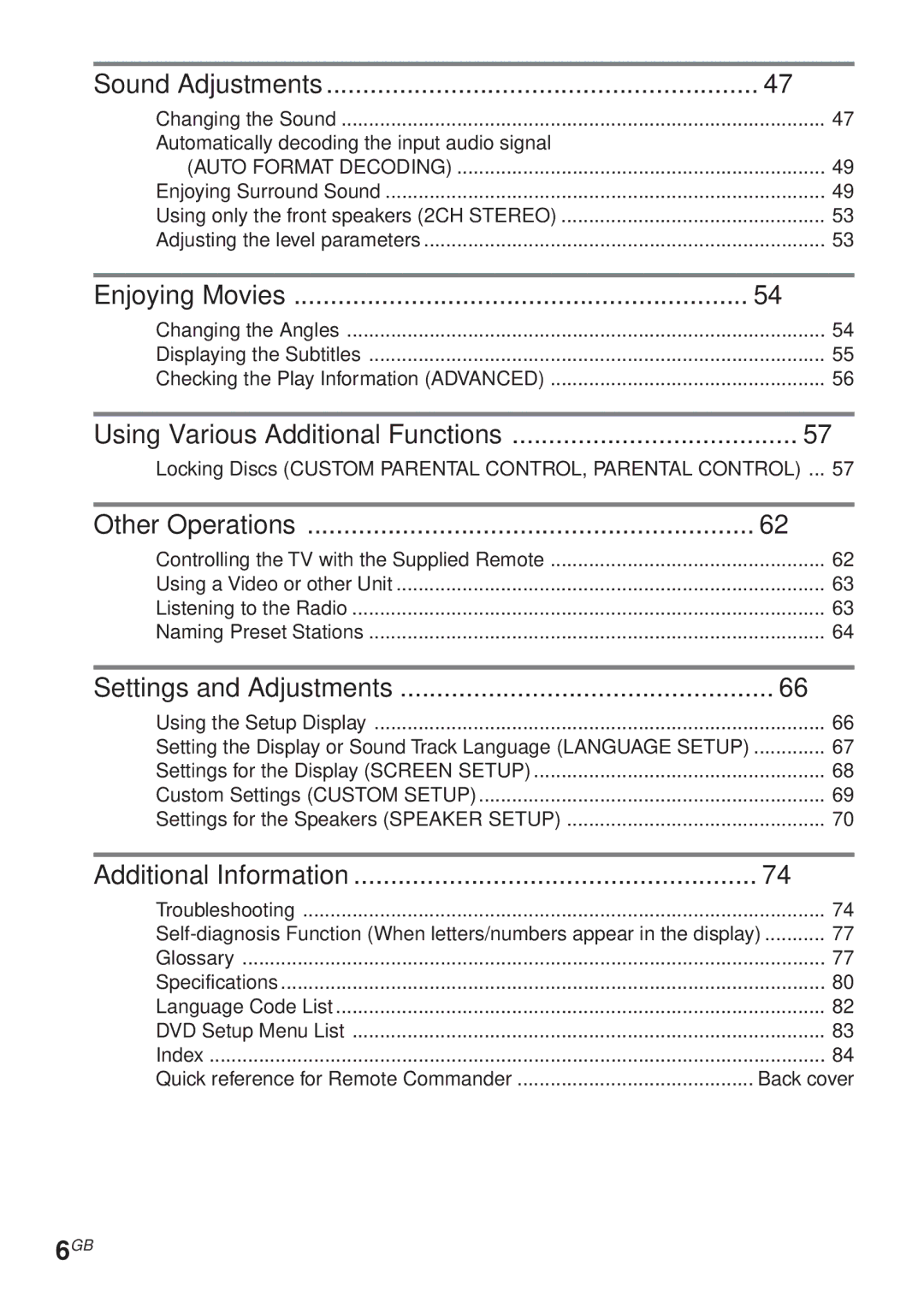 Sony DAV-C450 manual Sound Adjustments, Enjoying Movies, Using Various Additional Functions, Other Operations 